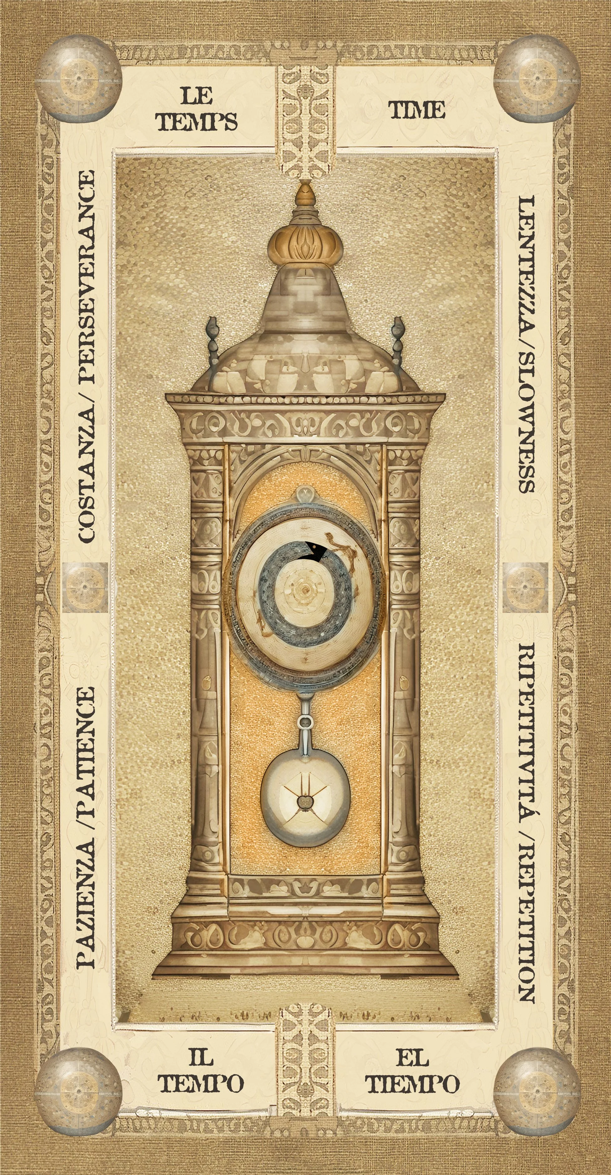 Antica clessidra con dettagli decorativi, circondata da scritte in italiano e spagnolo su il tempo e il tempo, con un fondo di texture dorata e ornamenti classici.