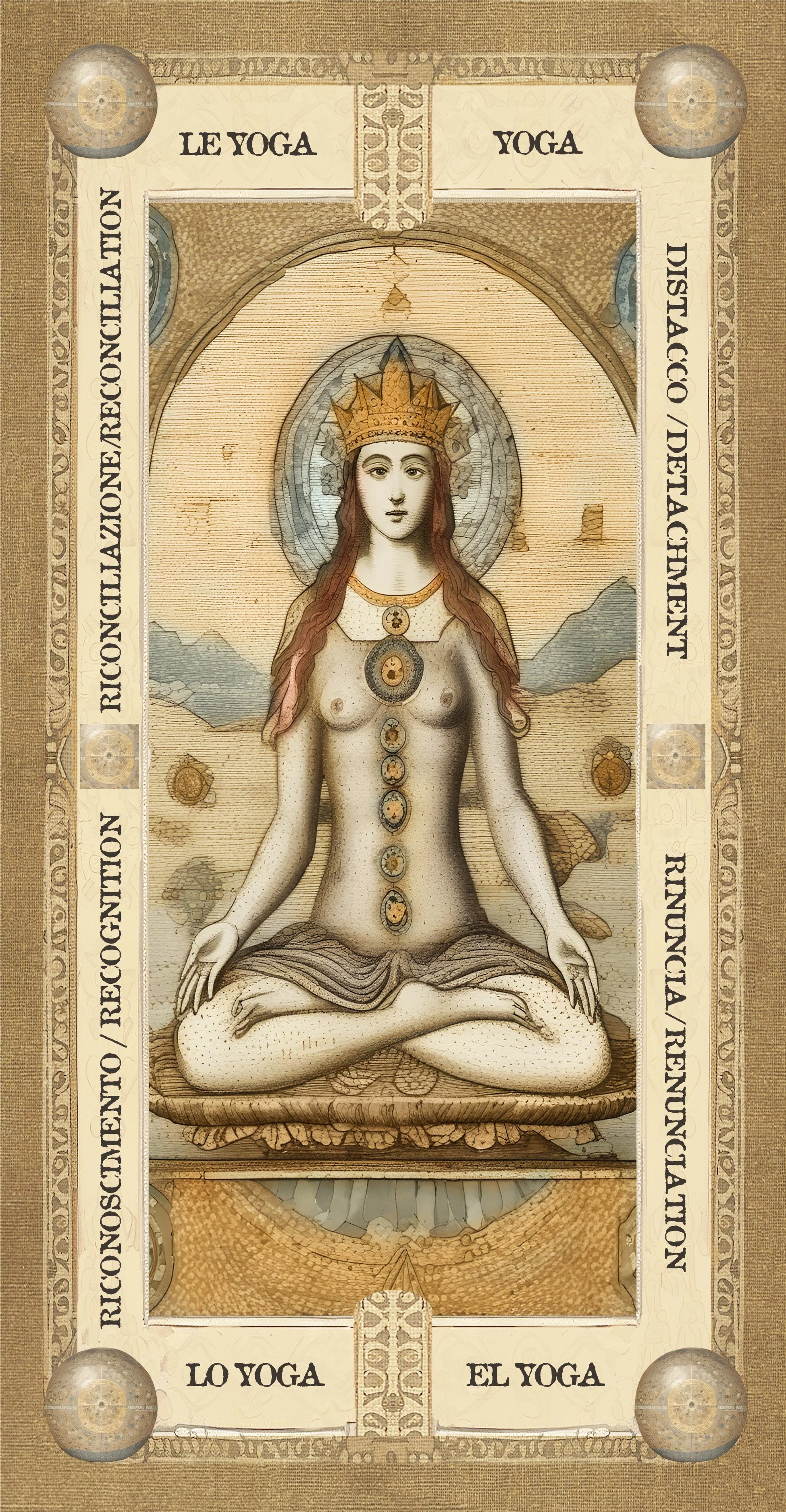 Immagine di una figura femminile seduta in posizione di meditazione, con simboli e motivi che richiamano il tema dello yoga e della spiritualità, decorata con un'espressione serena e un'aureola che compare dietro la testa.