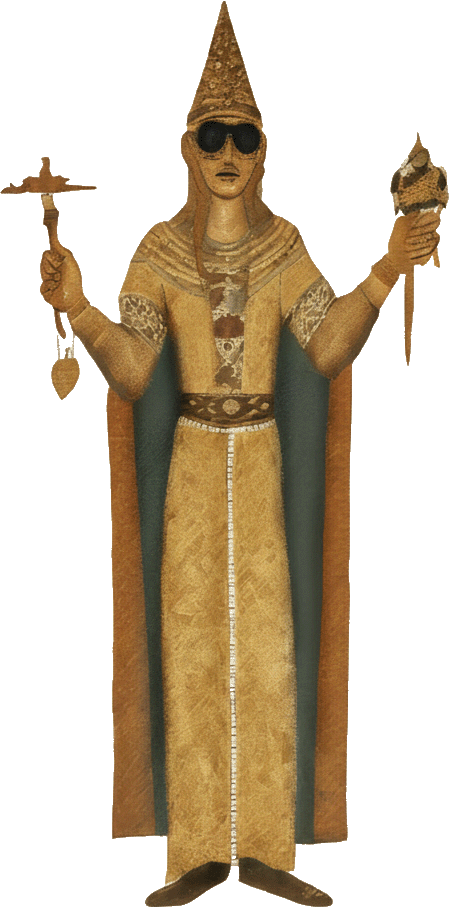 Statua di una donna stilizzata con vestiti antichi, cappello conico, occhiali scuri, in mano una croce e un oggetto conico, con mantello blu e abiti dorati dettagliati.