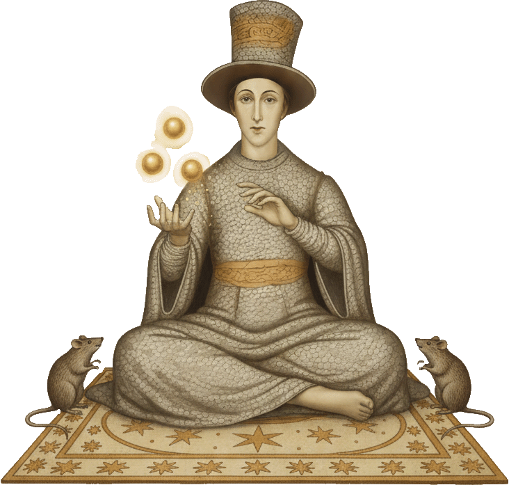 Una figura femminile seduta con un sorriso sereno, indossa abiti elaborati e un cappello, e fa un gesto con le mani generando tre sfere luminose. Ai lati, due topi sono seduti sul pavimento decorato con stelle.