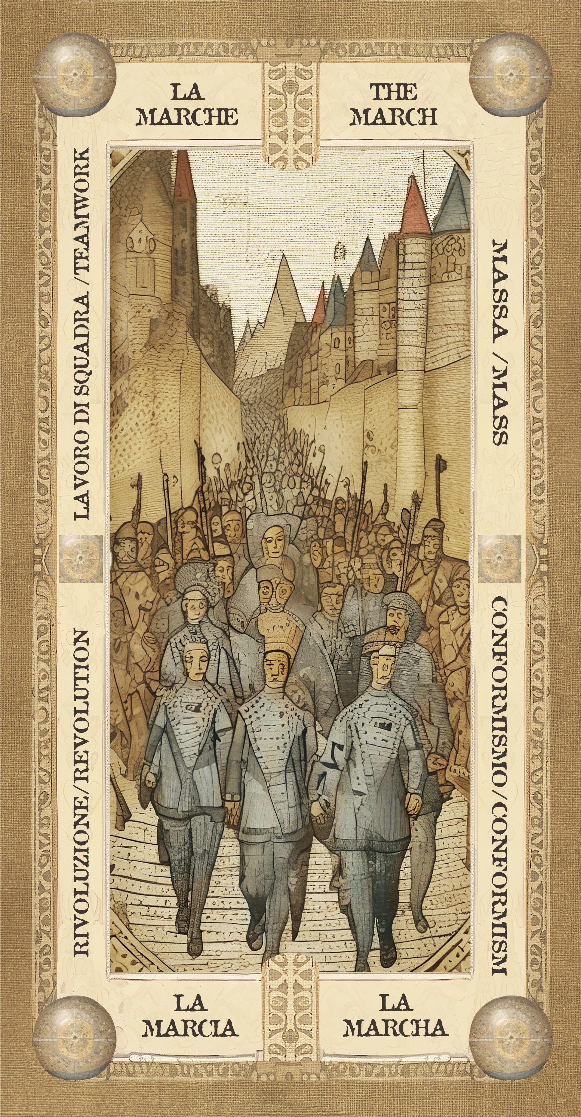 Illustrazione di una marcia storica con soldati in uniforme che avanzano verso una città medievale, con testo in italiano e inglese che descrivono la marcia.