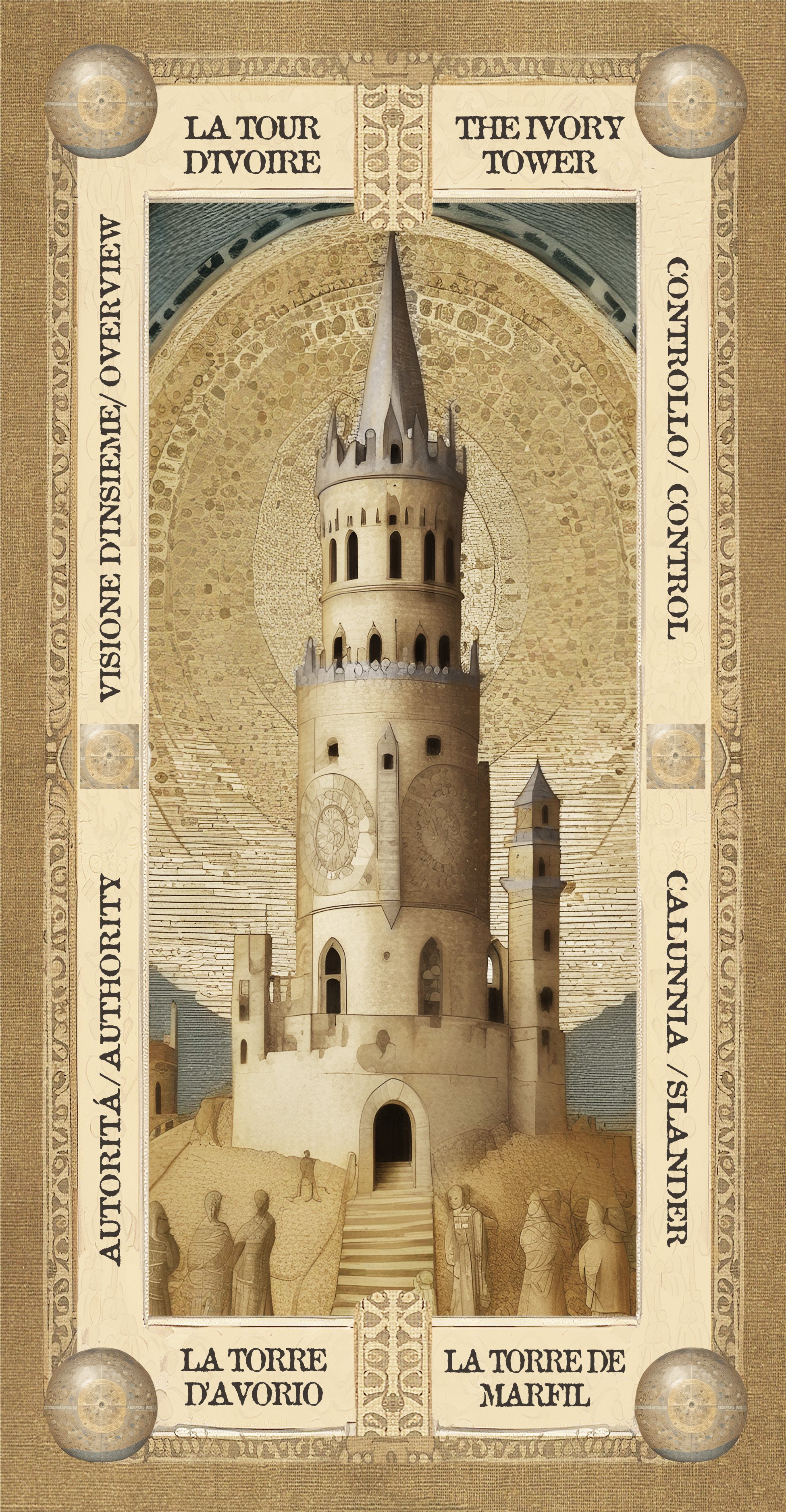 Illustrazione della Torre di Marfil, una torre con una struttura medievale, visualizzata con uno sfondo ad ardesia e dettagli decorativi in stile antico.
