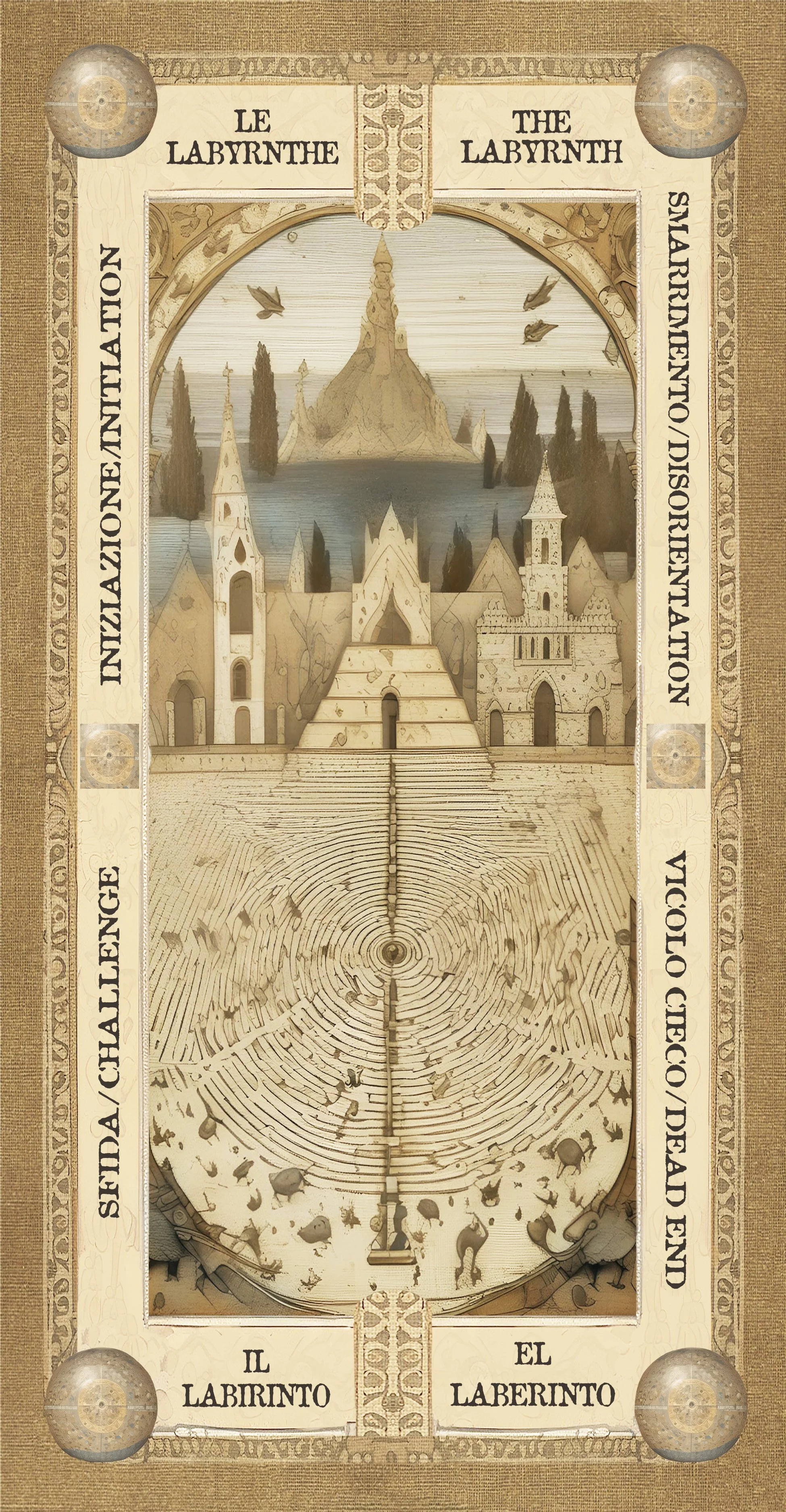 Cartina del labirinto medievale con molteplici strade circolari, una città con chiese e castelli e un monte in lontananza, con testi in italiano e inglese.