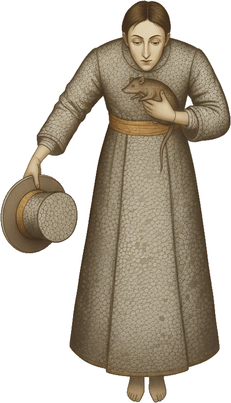 Una donna vestita in abiti storici tiene un topo in un braccio e un cappello o decorazione in una mano.