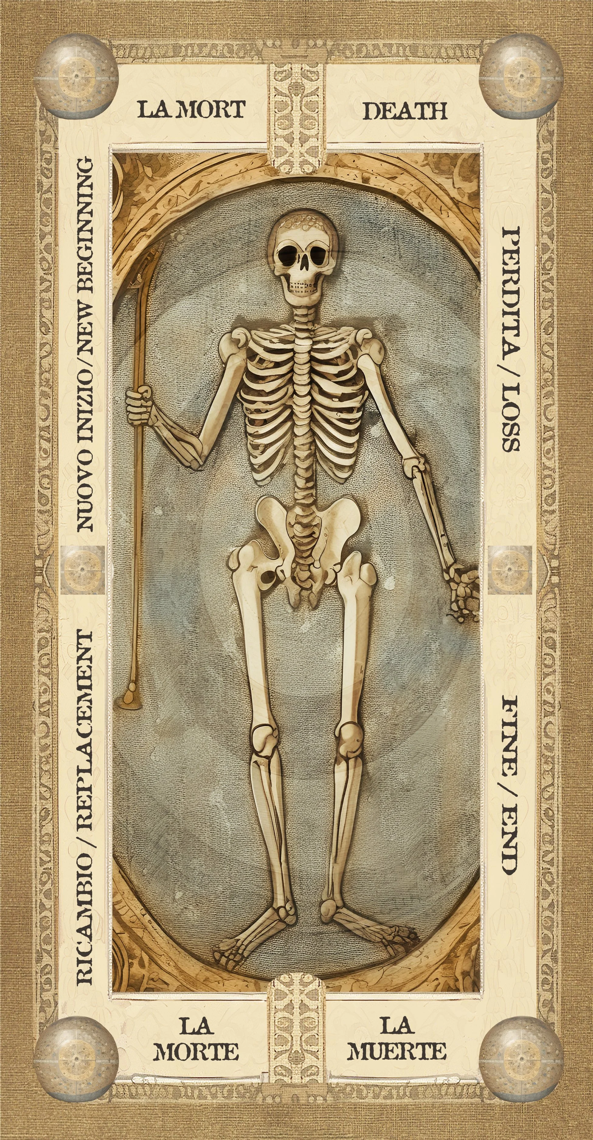 Illustrazione di uno scheletro umano con un bastone in una cornice antica, con testi in francese e italiano riguardanti la morte e la fine della vita.