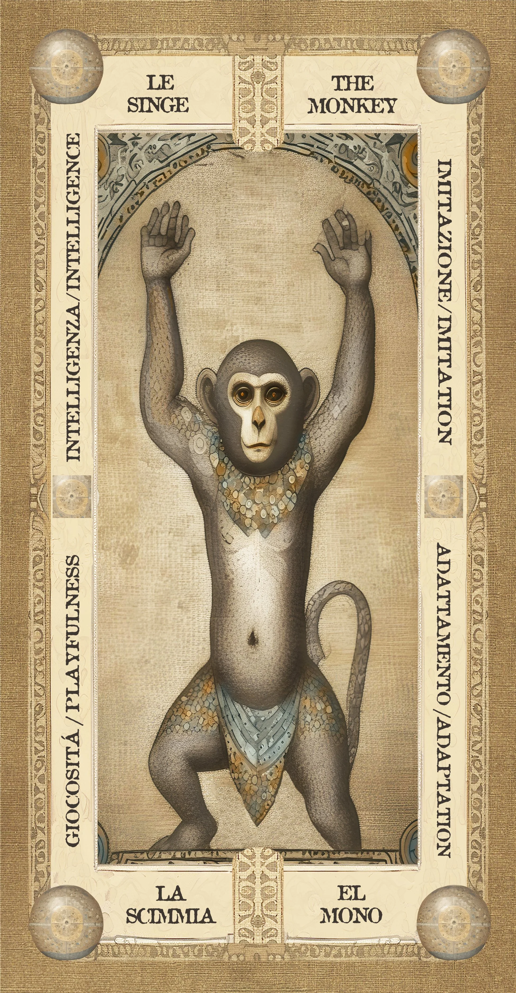 Un'illustrazione di un scimmia antropomorfa in stile ispirato all'antico testo sulla tavola, con una cornice decorativa e scritte in italiano e inglese che fanno riferimento a temi di intelligenza, capacità e viaggio.