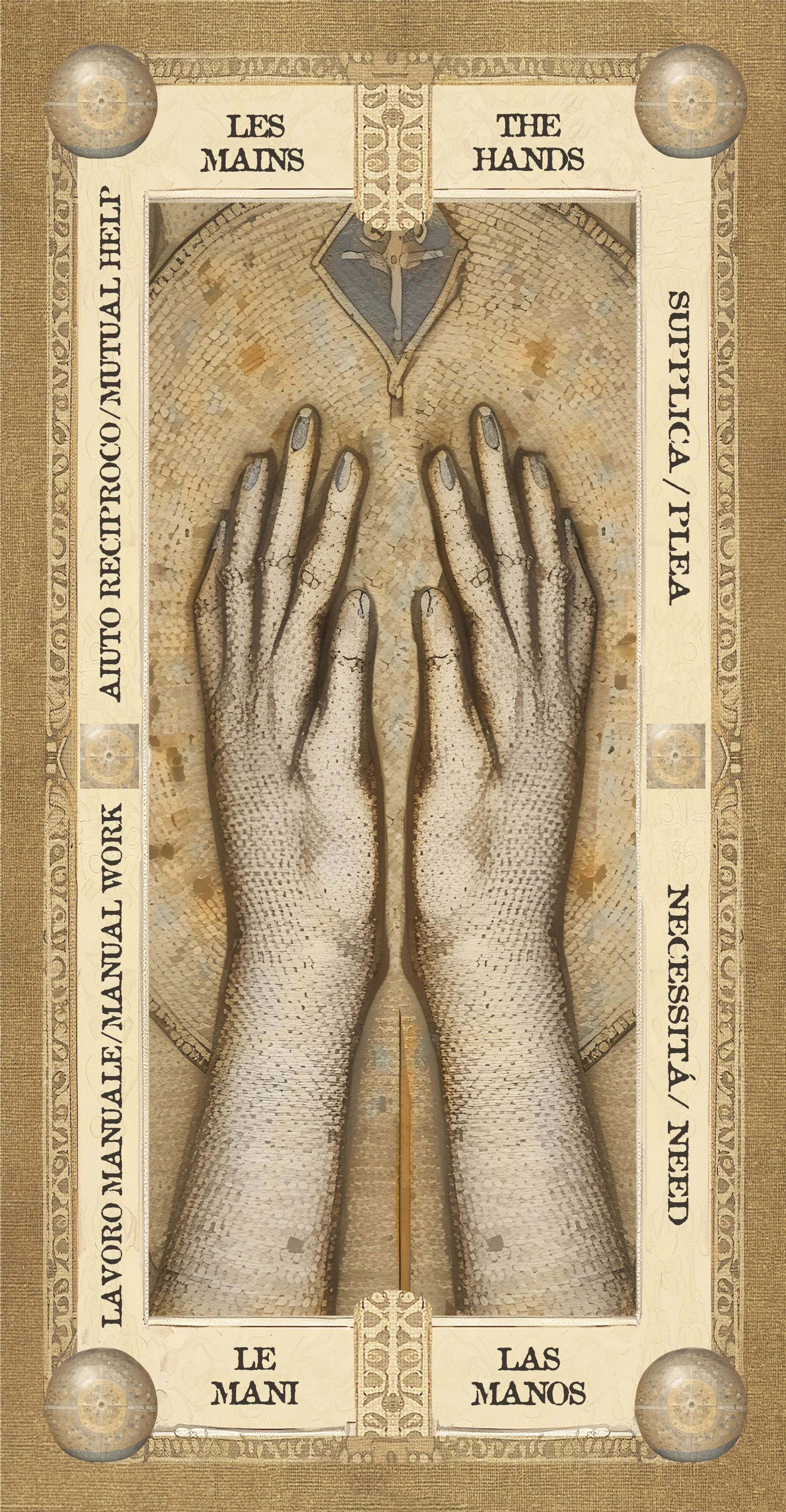 Raccolta di istruzioni multilingue per il lavoro manuale, con un'illustrazione di due mani disegnate in stile storico al centro e testi in italiano, francese, inglese e spagnolo che indicano 'le mani' e 'le mani'.