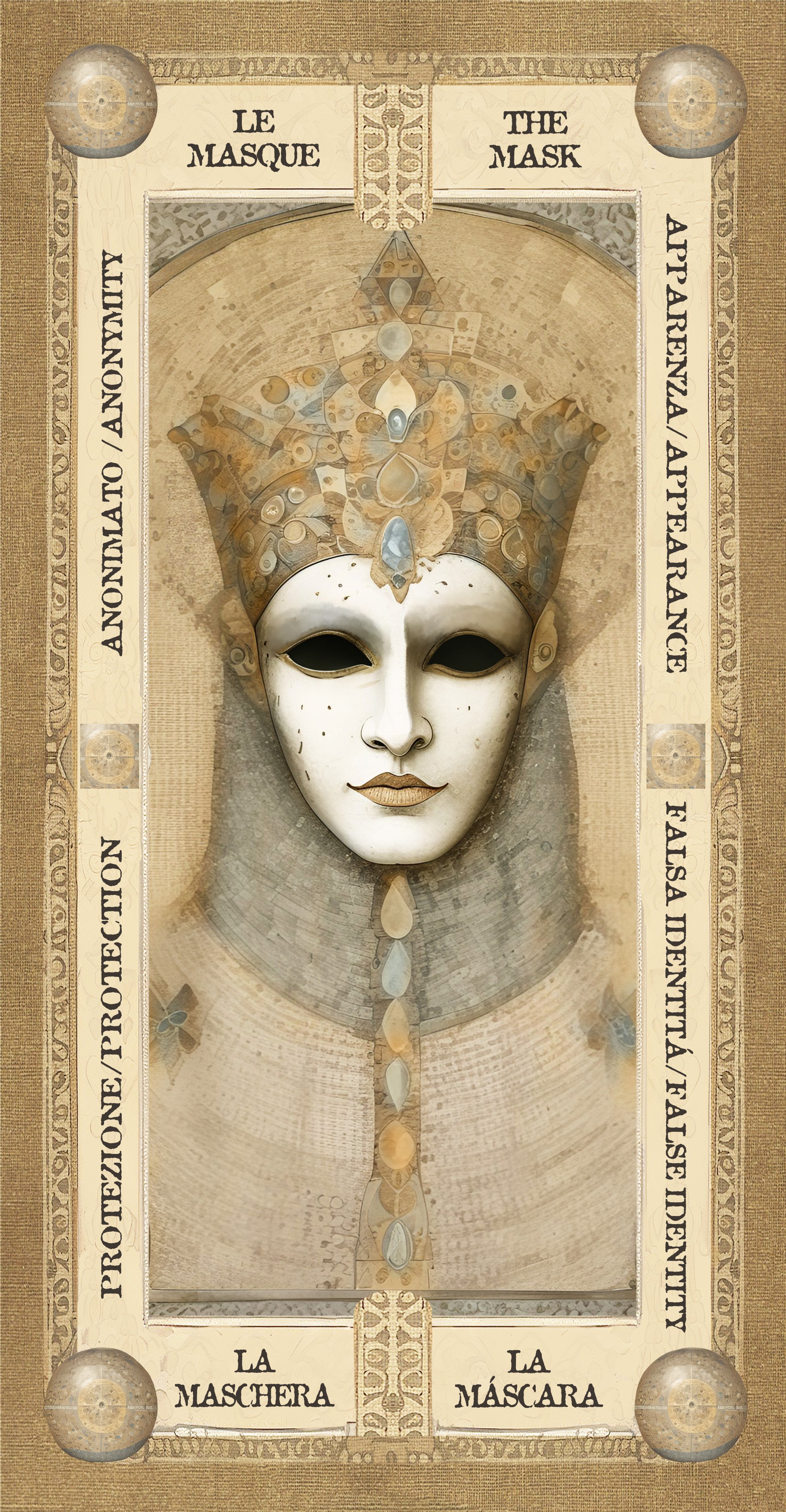 Maschera teatrale bianca con dettagli decorativi e un copricapo ornato, inserita in una cornice con testo in italiano e inglese riguardante l'uso di maschere, con sfondo color oro e decorazioni stilizzate.