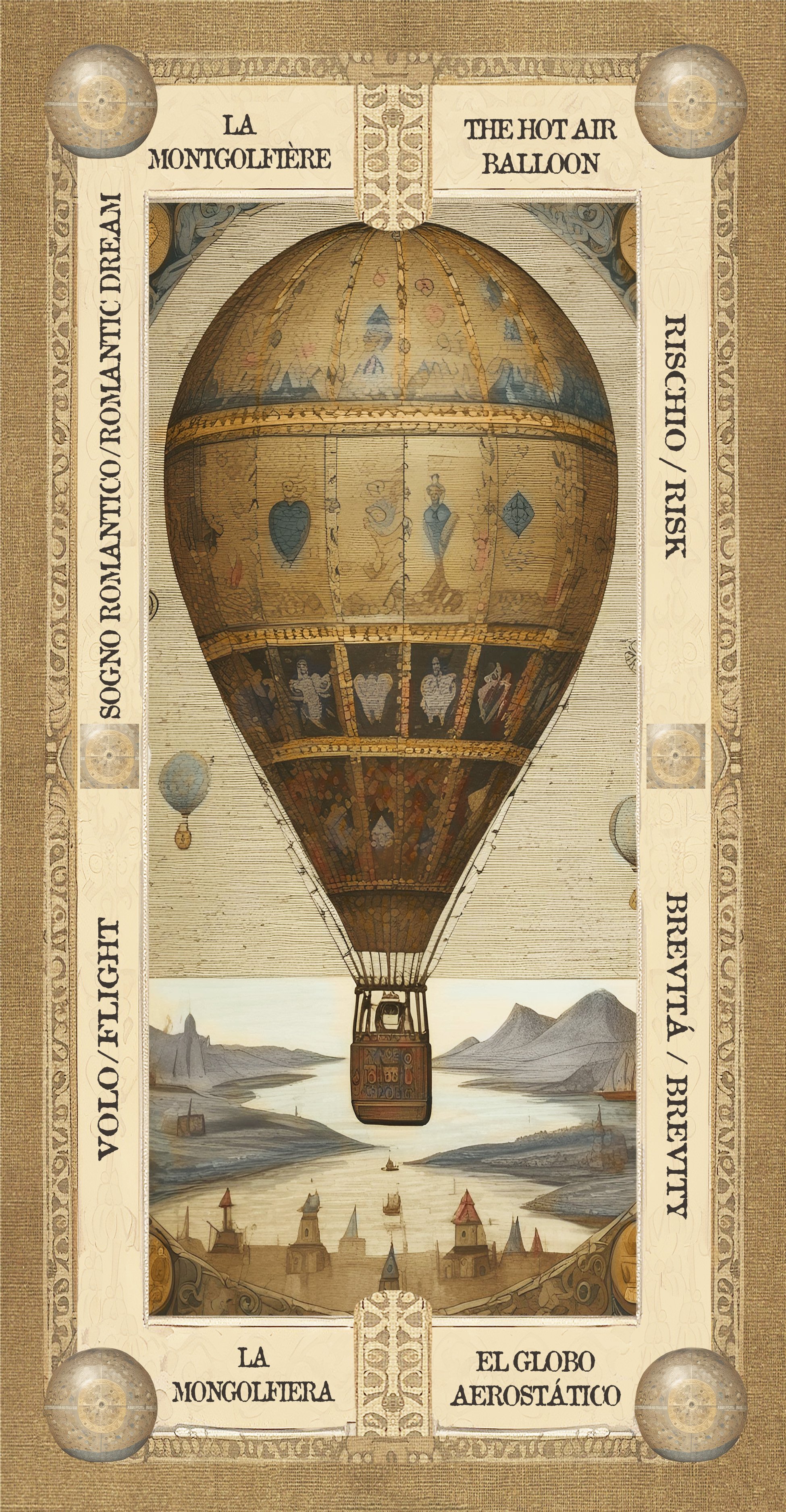 Disegno di un pallone aerostatico che vola sopra un paesaggio con fiumi e case.