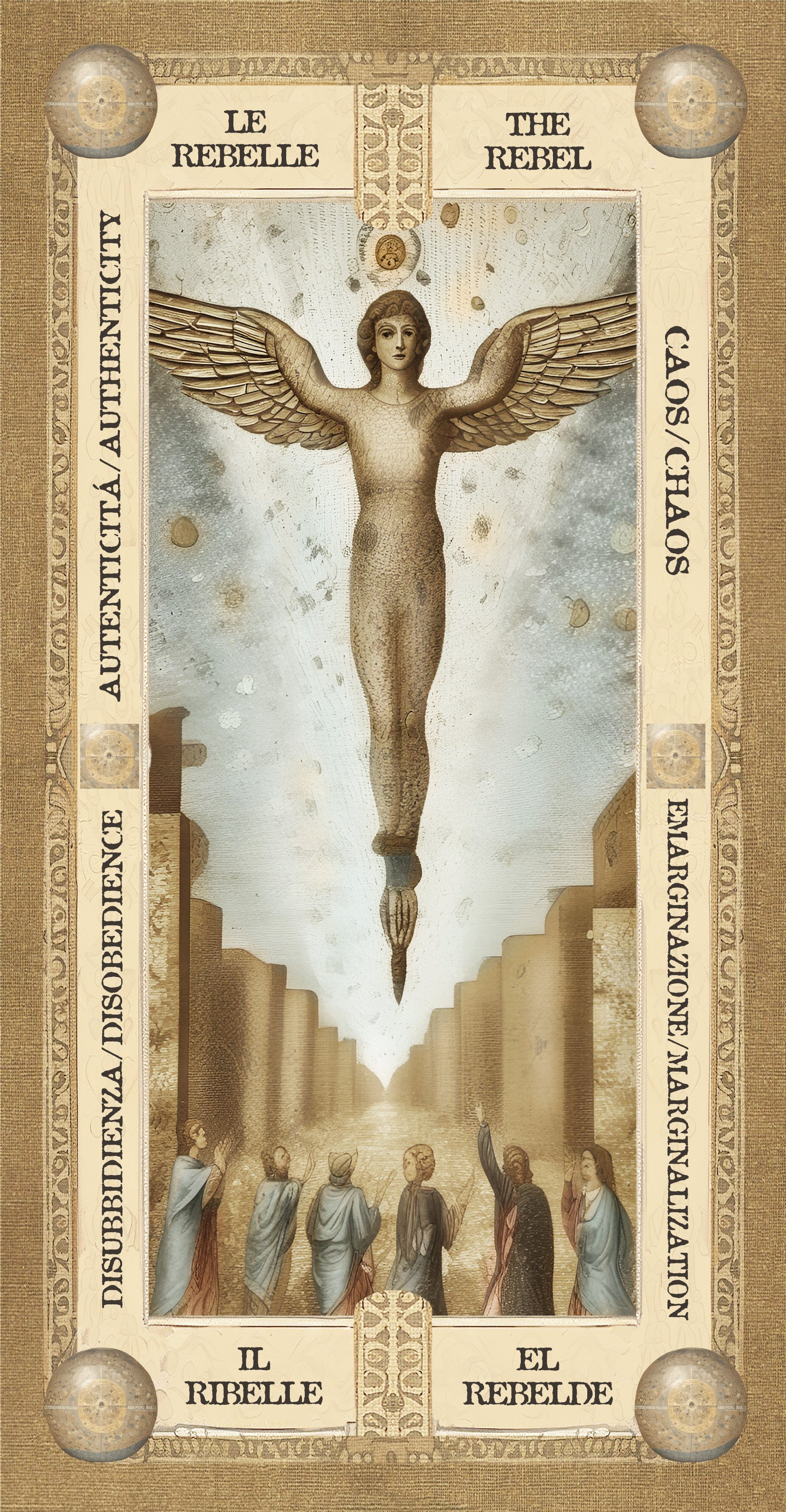 Immagine di una carta con un'illustrazione centrale di un Angelo con le ali spiegate, sopra un percorso tra edifici, con molte persone che guardano verso l'angelo. La carta ha testi in italiano e inglese, come "Le Rebel" e "The Rebel" e altre scritte descriptive.