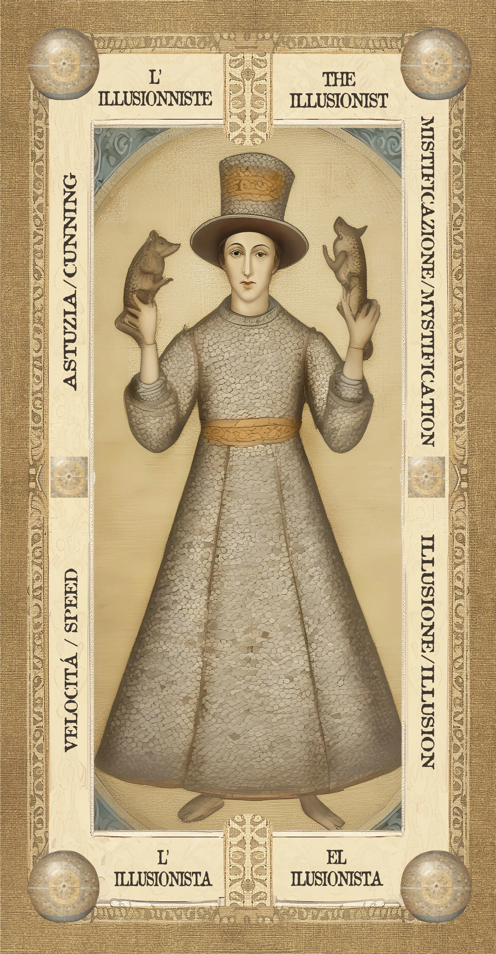 Illustrazione di una donna con un cappello alto, vestita in abiti vintage, che tiene in mano due topi.