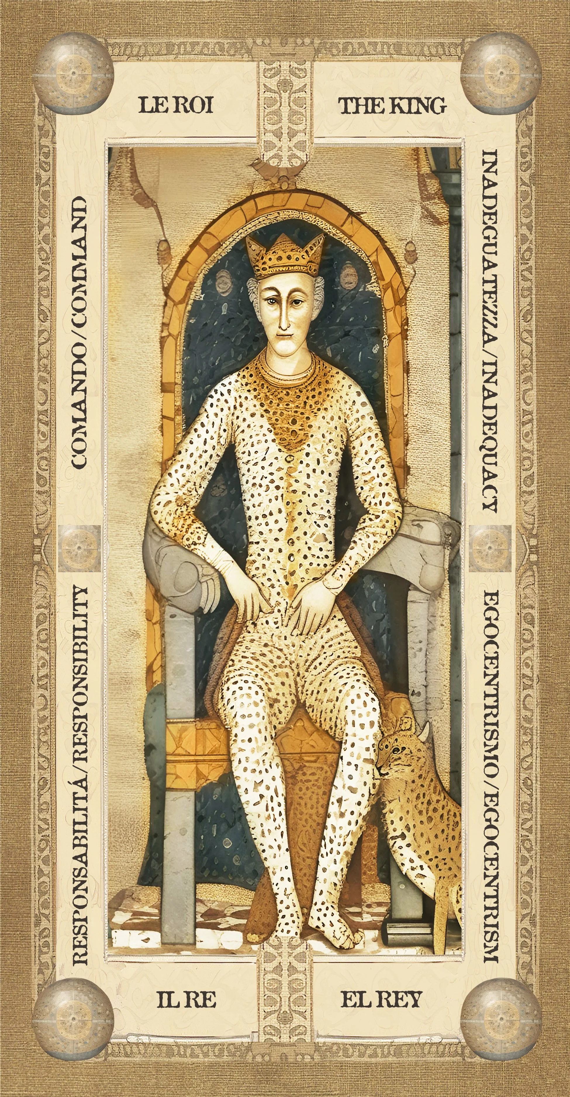 Ritratto di un re seduto con una corona dorata e abbigliamento leopardato, con un leopardo accanto, in stile medievale.