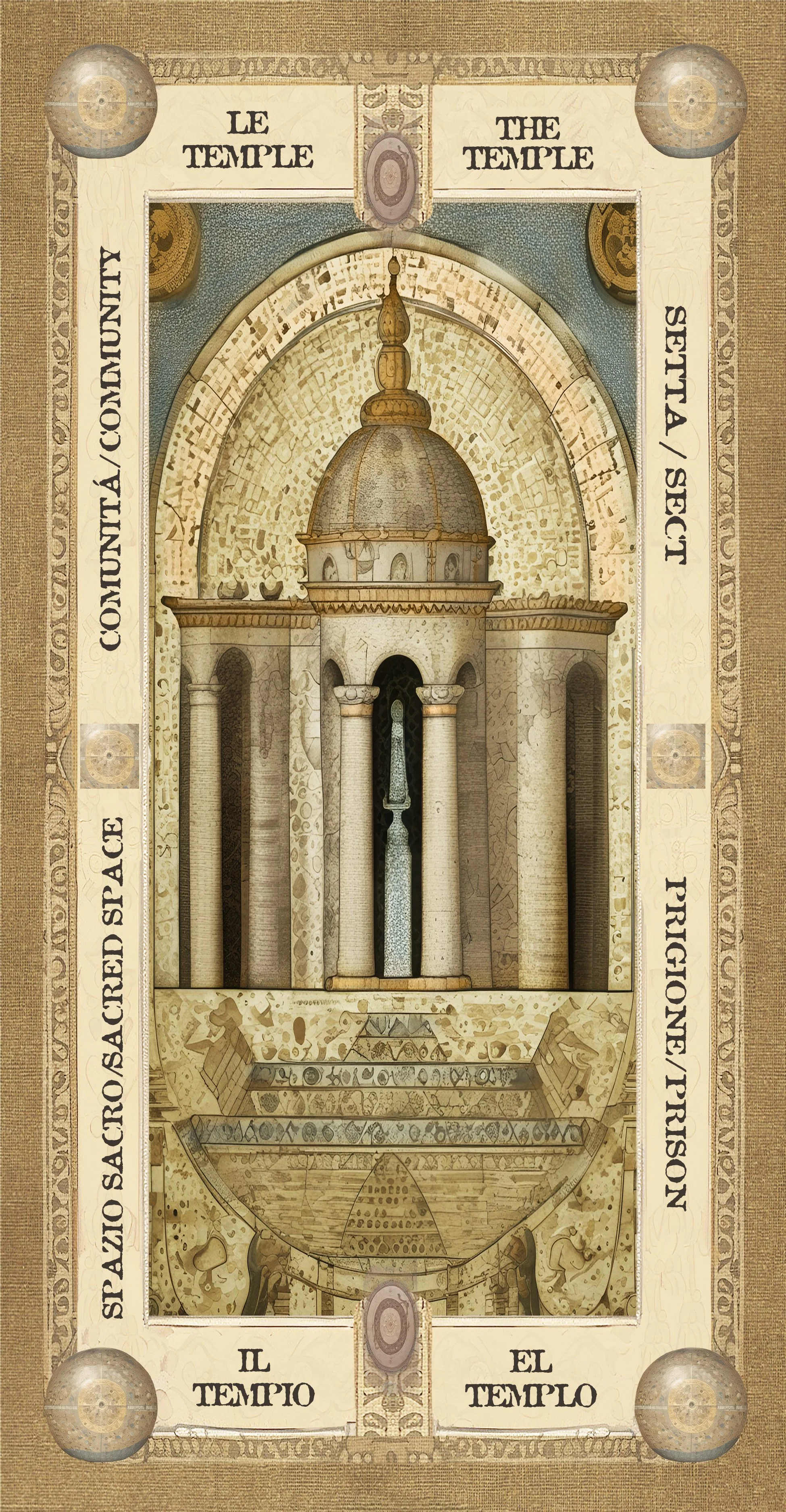 Una grande illustrazione di un tempio antico con colonne e cupola, con testo in inglese e italiano che indica 'Il Tempio', 'Sacred Space', e descrizioni relative alle comunità e alle persone