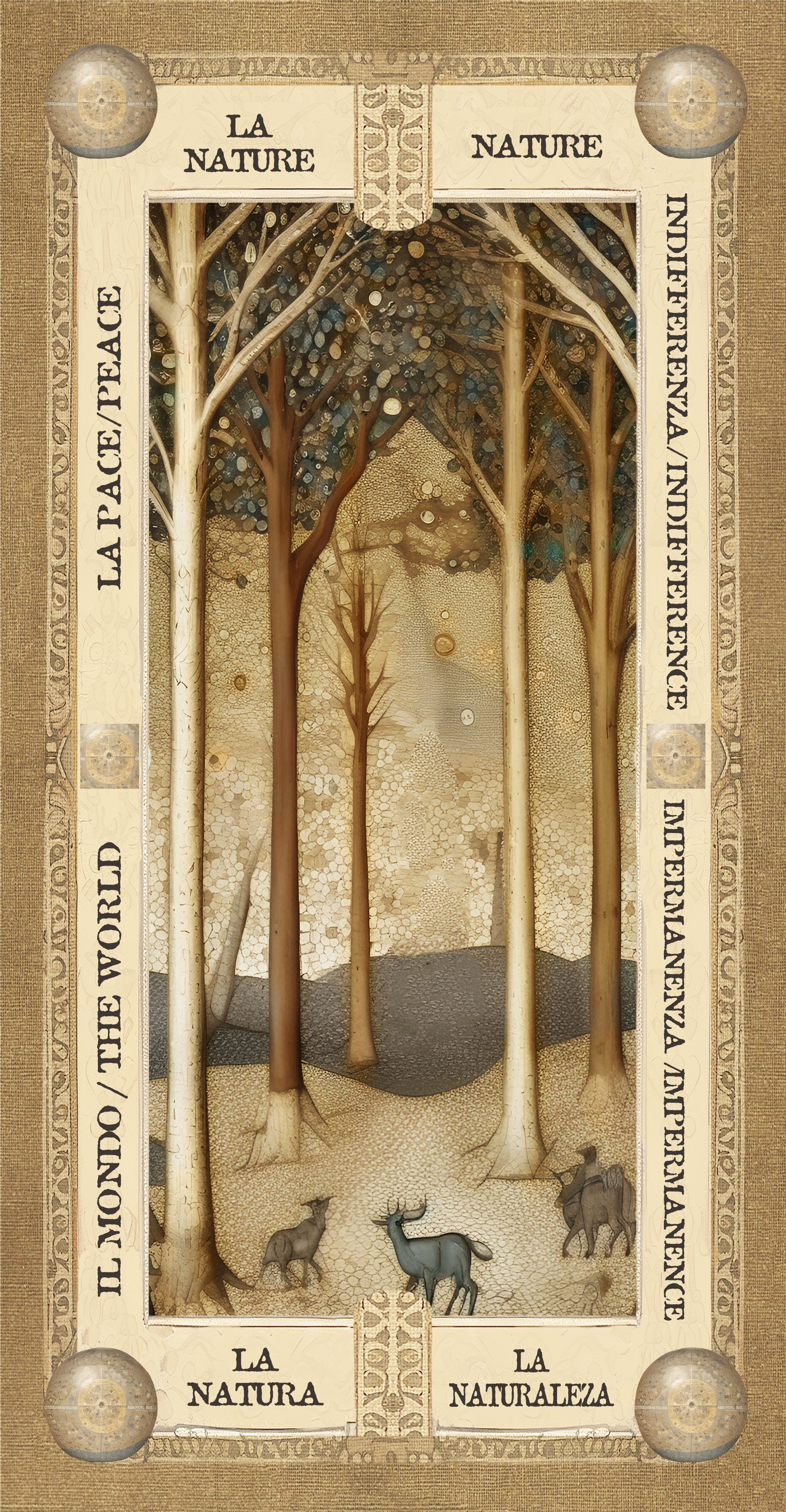 Illustrazione di un bosco con alberi e animali selvatici, circondato da una cornice decorativa con testo su natura e pace in italiano e inglese.