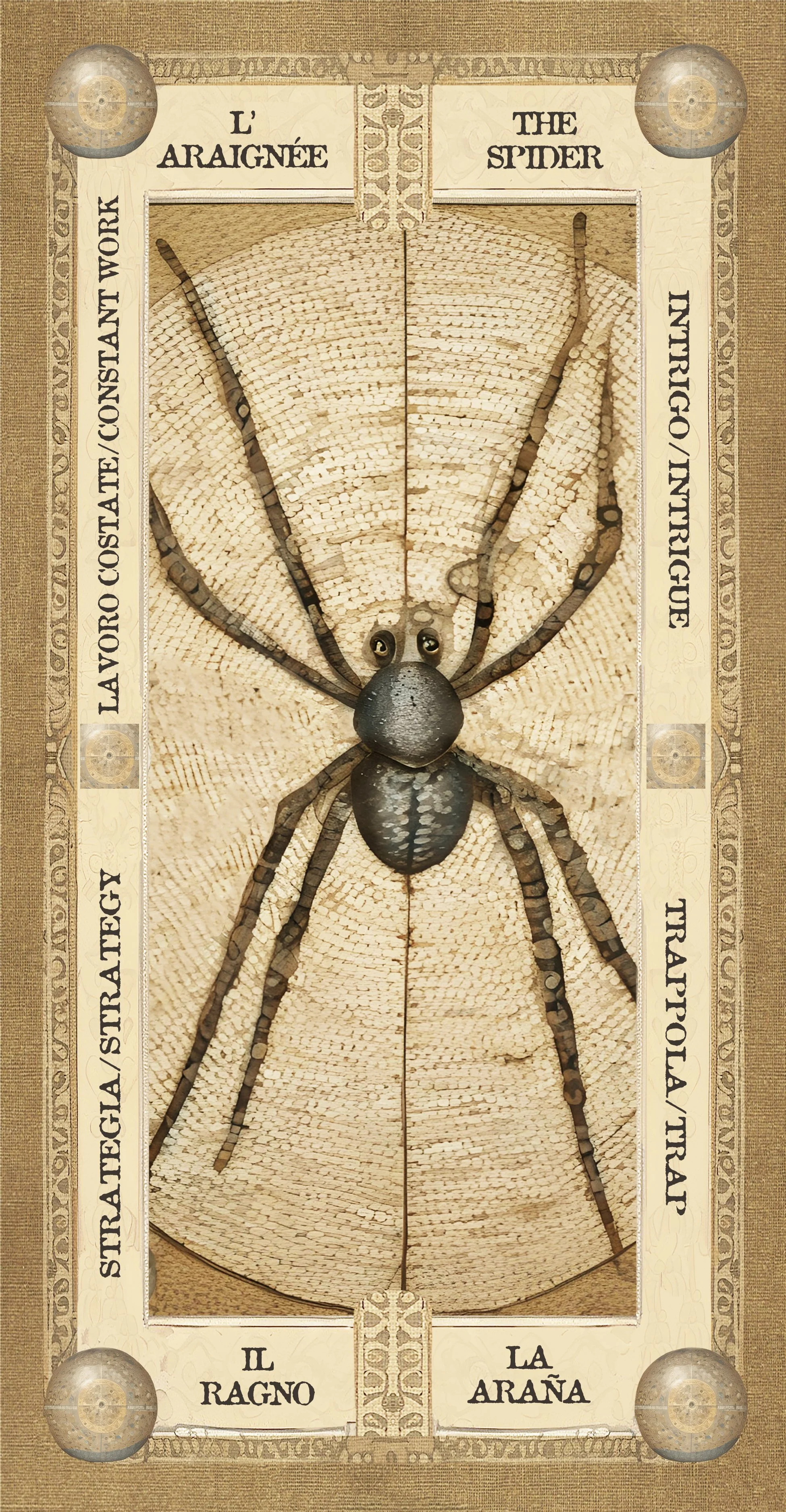 Diagramma di un ragno con descrizioni in italiano e inglese, raffigurante le sue parti e la sua trama, con sfondo beige e decorazioni stilizzate.