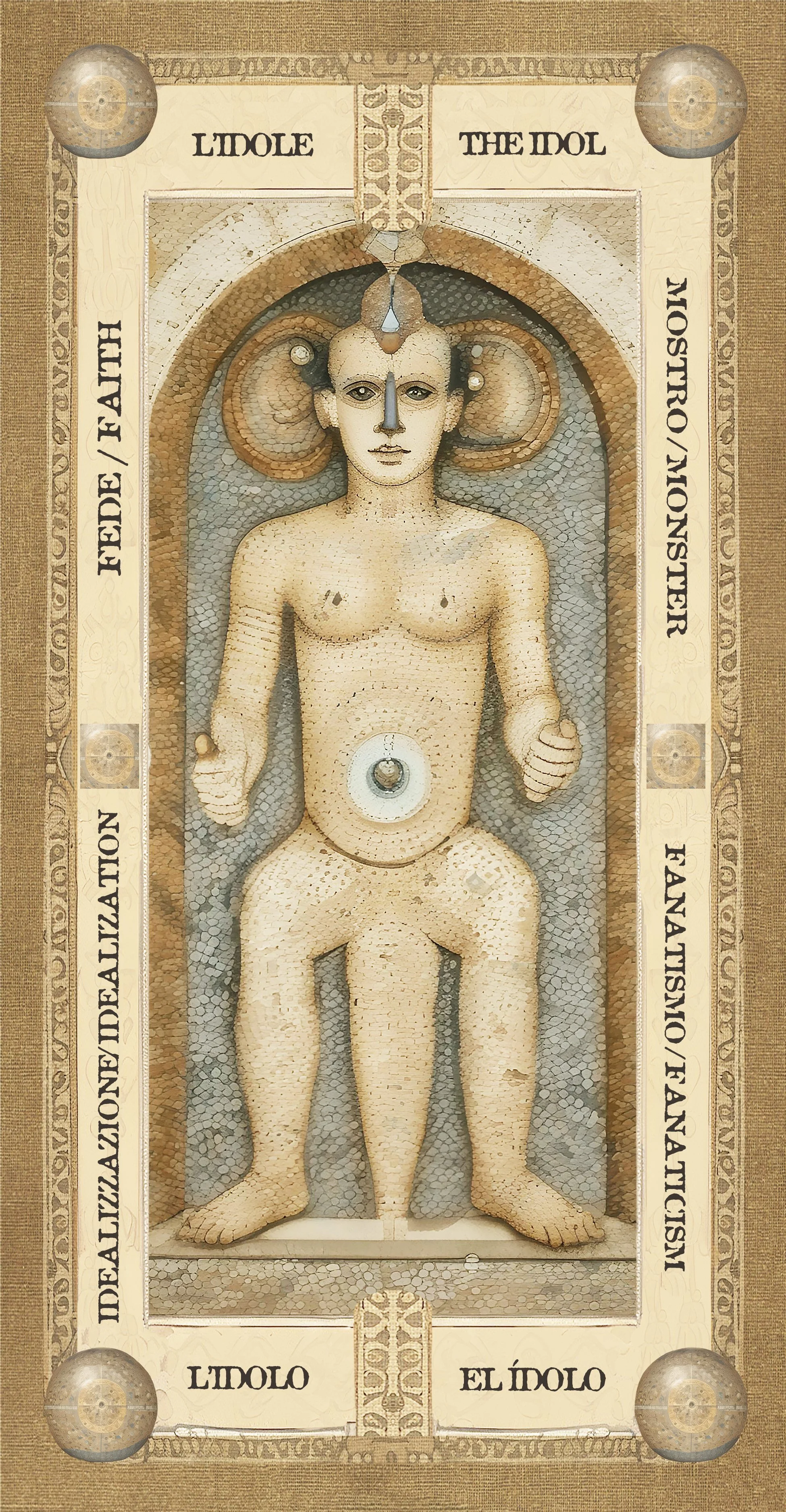 un'immagine di un mosaico che rappresenta un uomo nudo seduto con le gambe divaricate e le braccia piegate, con un simbolo sulla pancia e una testa con due grandi capigliature, circondato da un bordo con scritte in italiano e inglese.