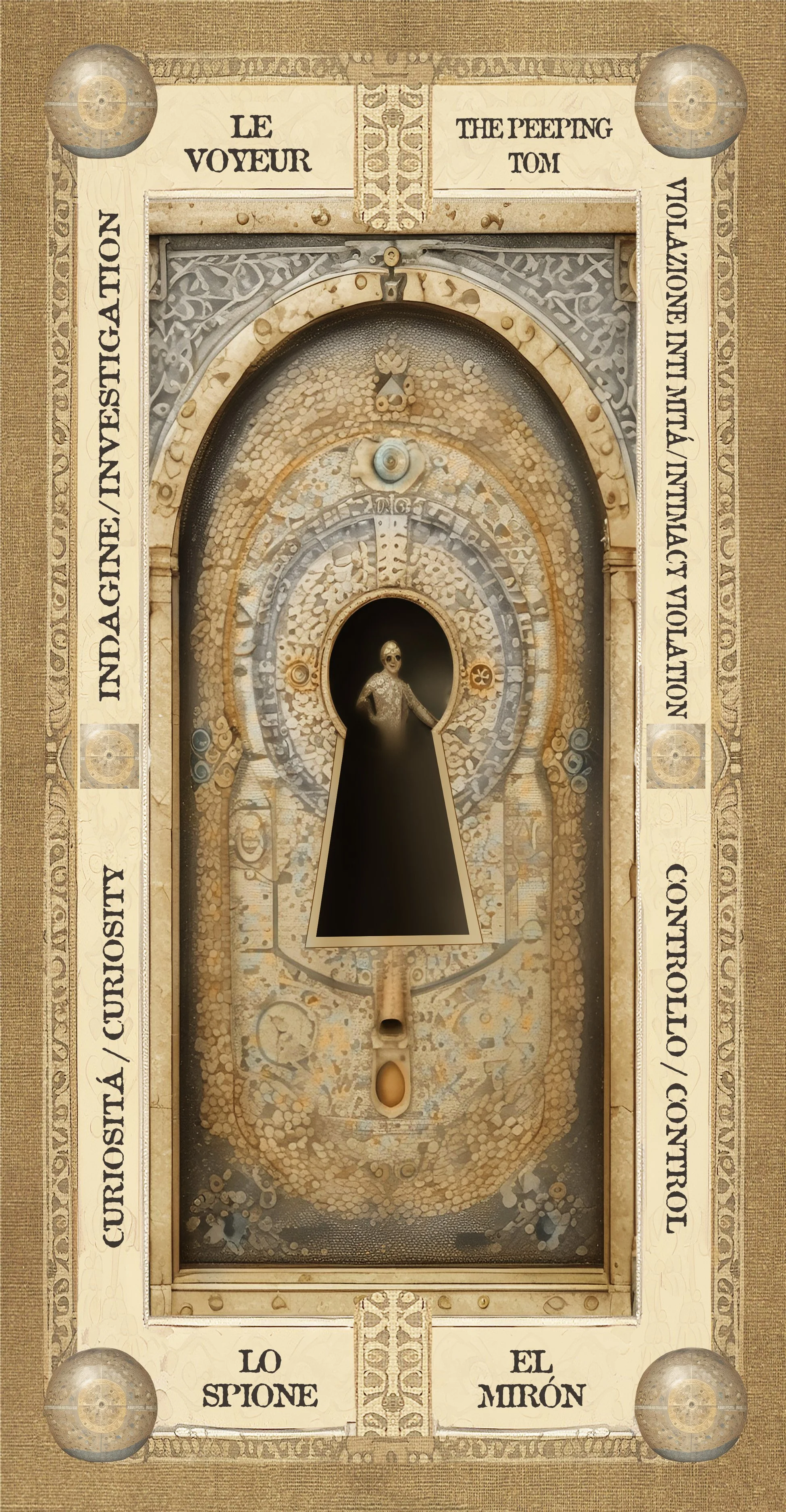 Un quadro con una porta a forma di chiave, decorato con simboli e scritte in italiano, e una figura di uno scheletro con occhiali da sole che guarda attraverso la porta.