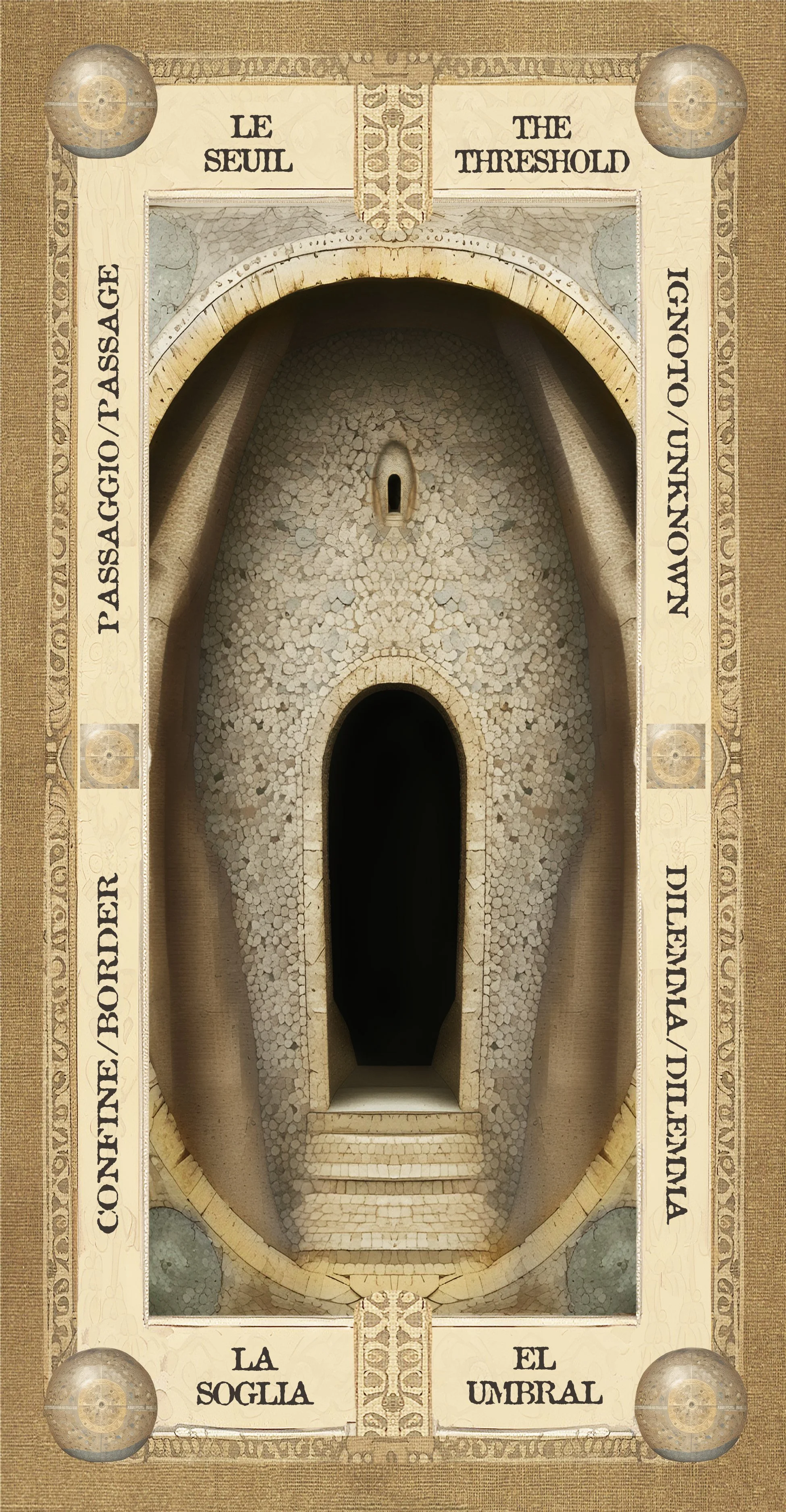 Riquadro con immagine di uno scavo archeologico con una scala entrando in una struttura sotterranea. Intorno, decorazioni con scritte in italiano e inglese e simboli circolari, come 'La Soglia', 'Il Umbral', 'Confine/Border', 'Passaggio/Passage', 'Le Seuil', 'The Threshold', 'Nau mondo/Onion', in stile decorativo antico.