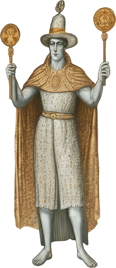 Statua di un sovrano africano con abiti tradizionali, mantello e cappello decorato, che tiene due scettri.