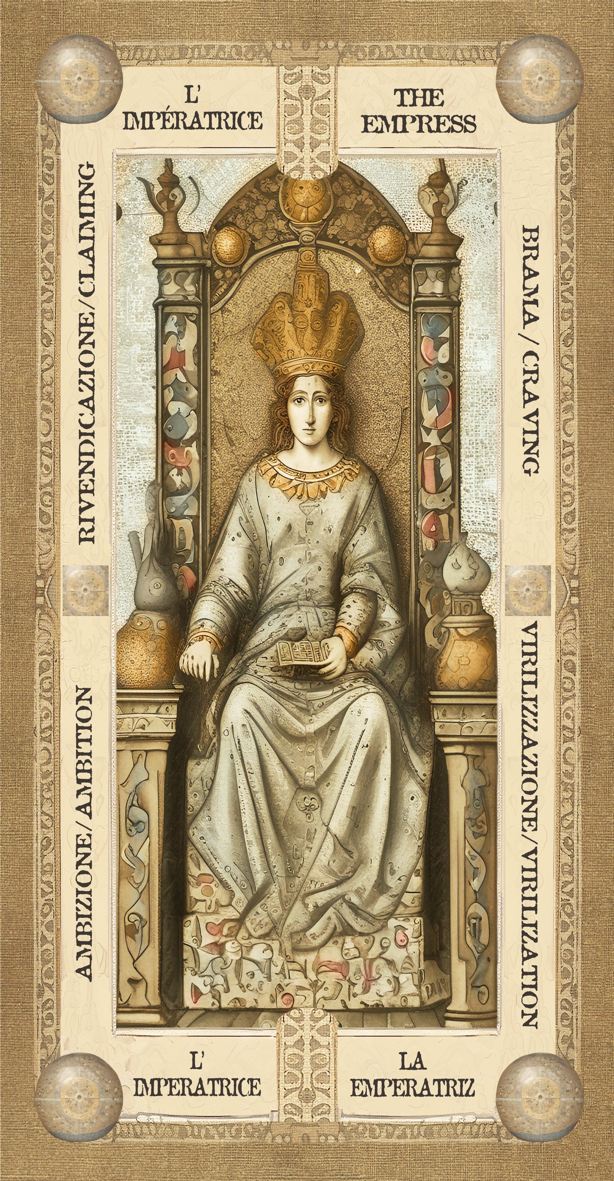 Immagine di una rappresentazione artistica di una regina seduta su un trono, con una corona e un libro in mano, circondata da decorazioni elaborate e testi in italiano e inglese che la definiscono come 'L'Imperatrice' e 'The Empress'.