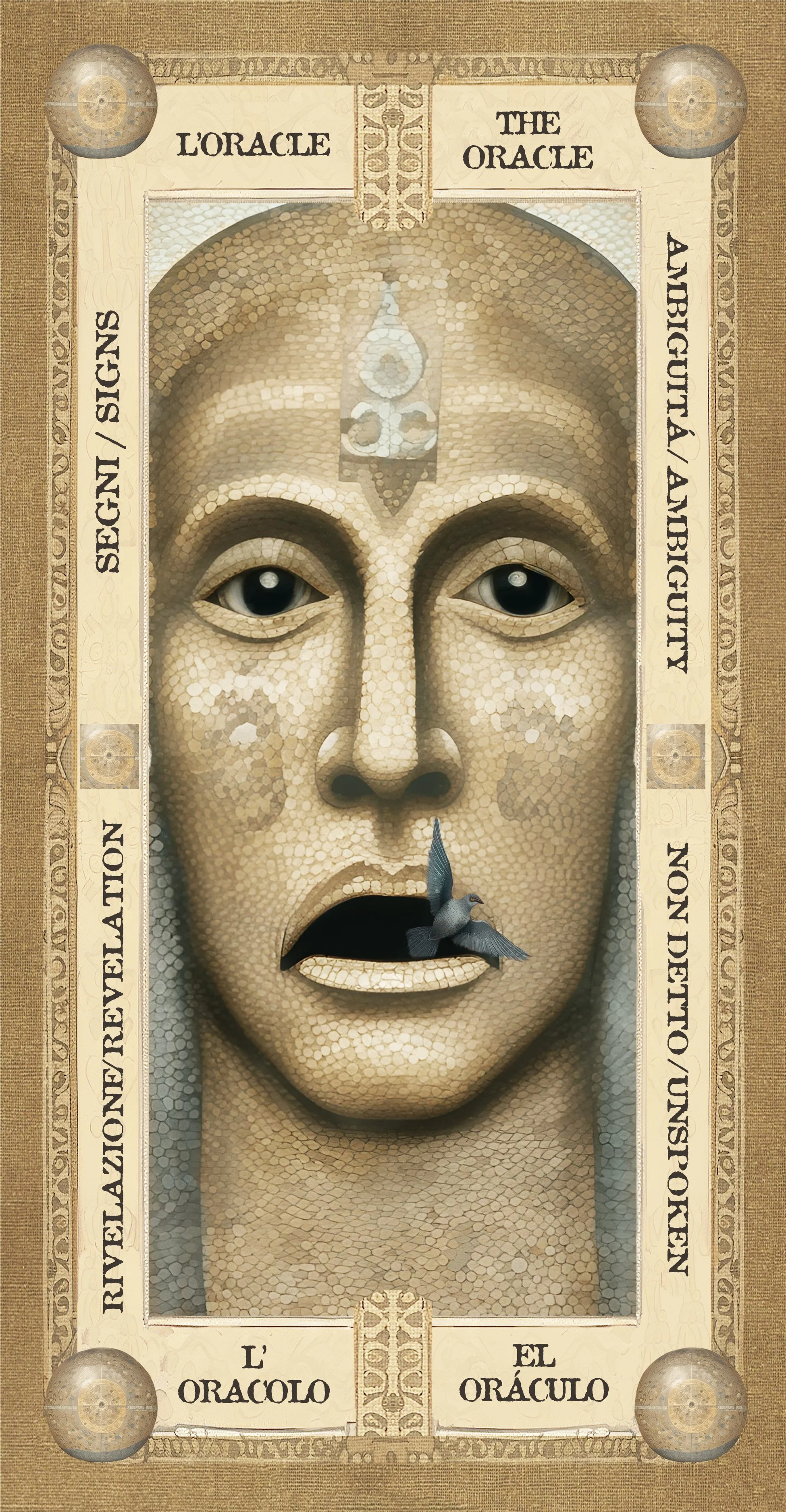 Immagine di un'icona religiosa di un volto umano, con uno specchio di forme geometriche sulla fronte e un uccello in bocca.