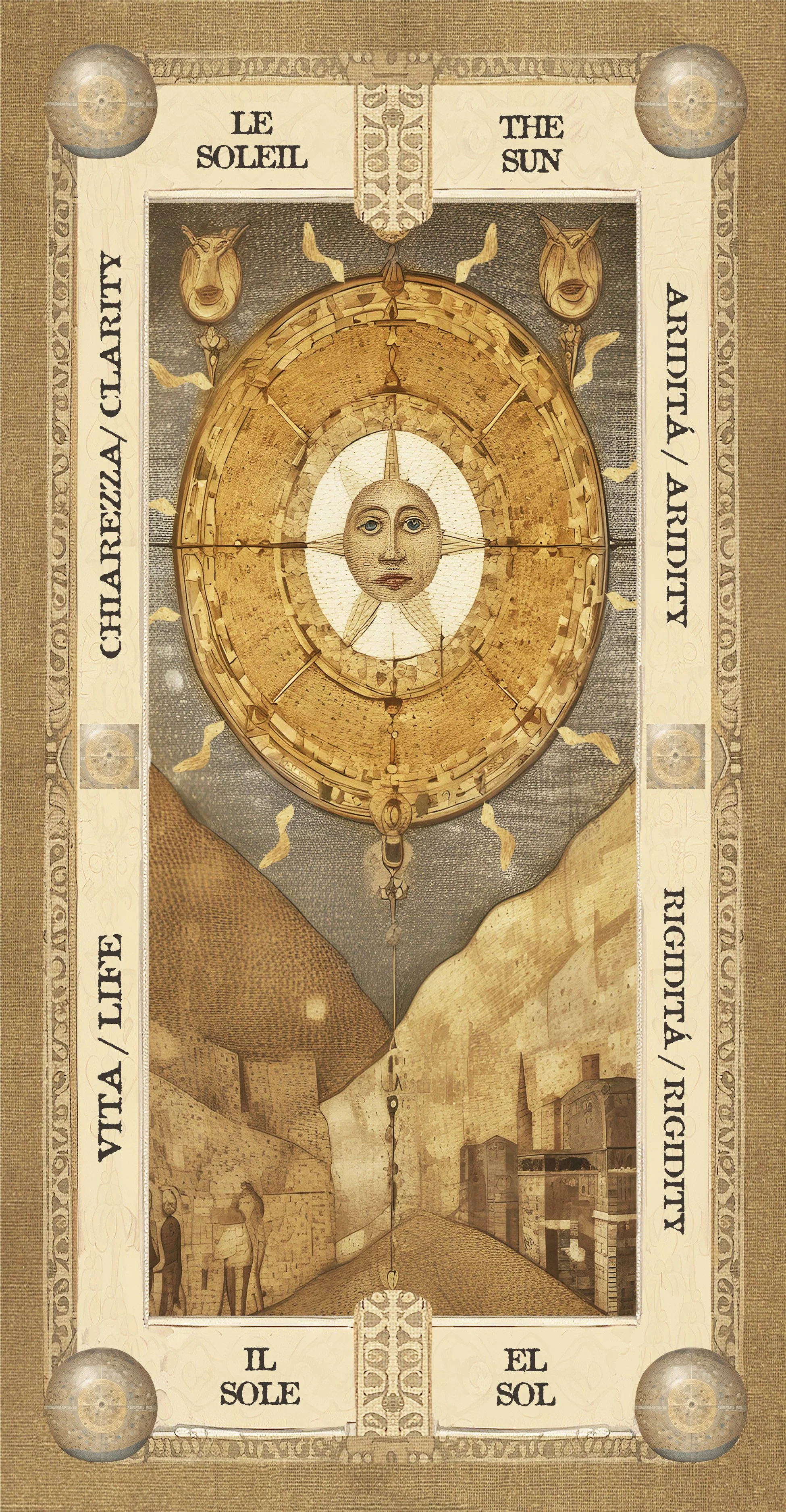 Cartina con simboli solari, maschere e un volto centrale, con testo in italiano e inglese che indica le posizioni del sole e del cielo, come 'Le Soleil', 'The Sun', e 'Il Sole', 'El Sol'.