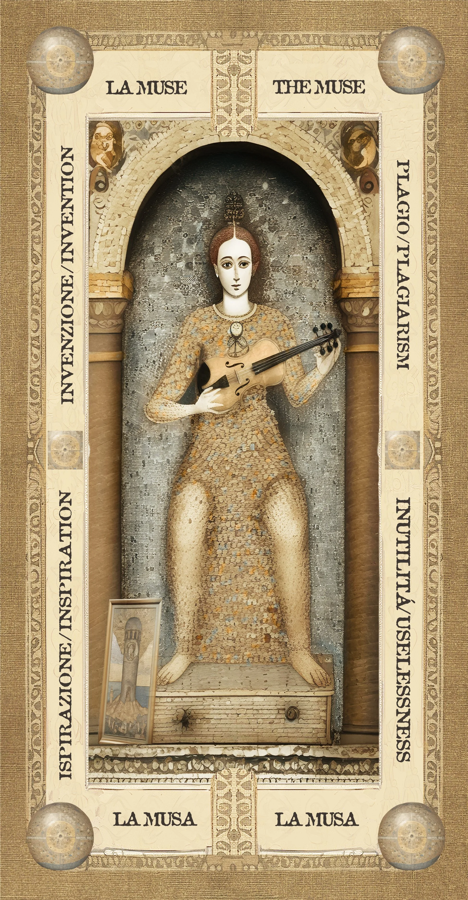 Statua di una donna con un volto bianco e grande occhi, che suona una chitarra, decorata con mosaico in tonalità dorate e beige, posta in un'inquadratura architettonica con scritte in italiano e inglese, e immagini di motivi artistici o storici ai lati e in alto.