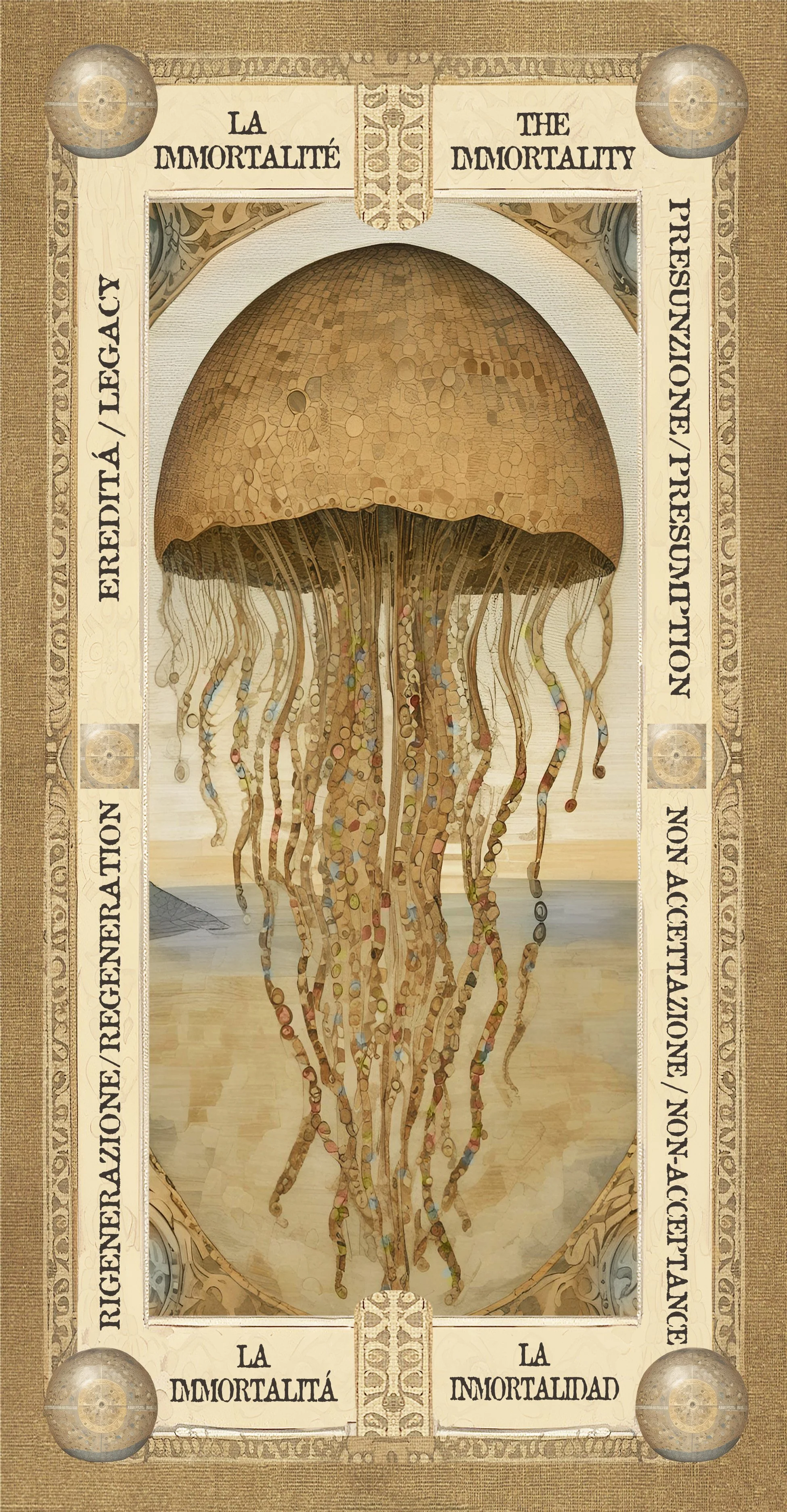 Un'immagine di un'allegoria di una medusa con il corpo fatto di tante piccole forme tonde e il cappello in stile medusa. Intorno, un bordo decorativo con testi in diverse lingue che riportano "La immortalità" e "L'immortalidad".