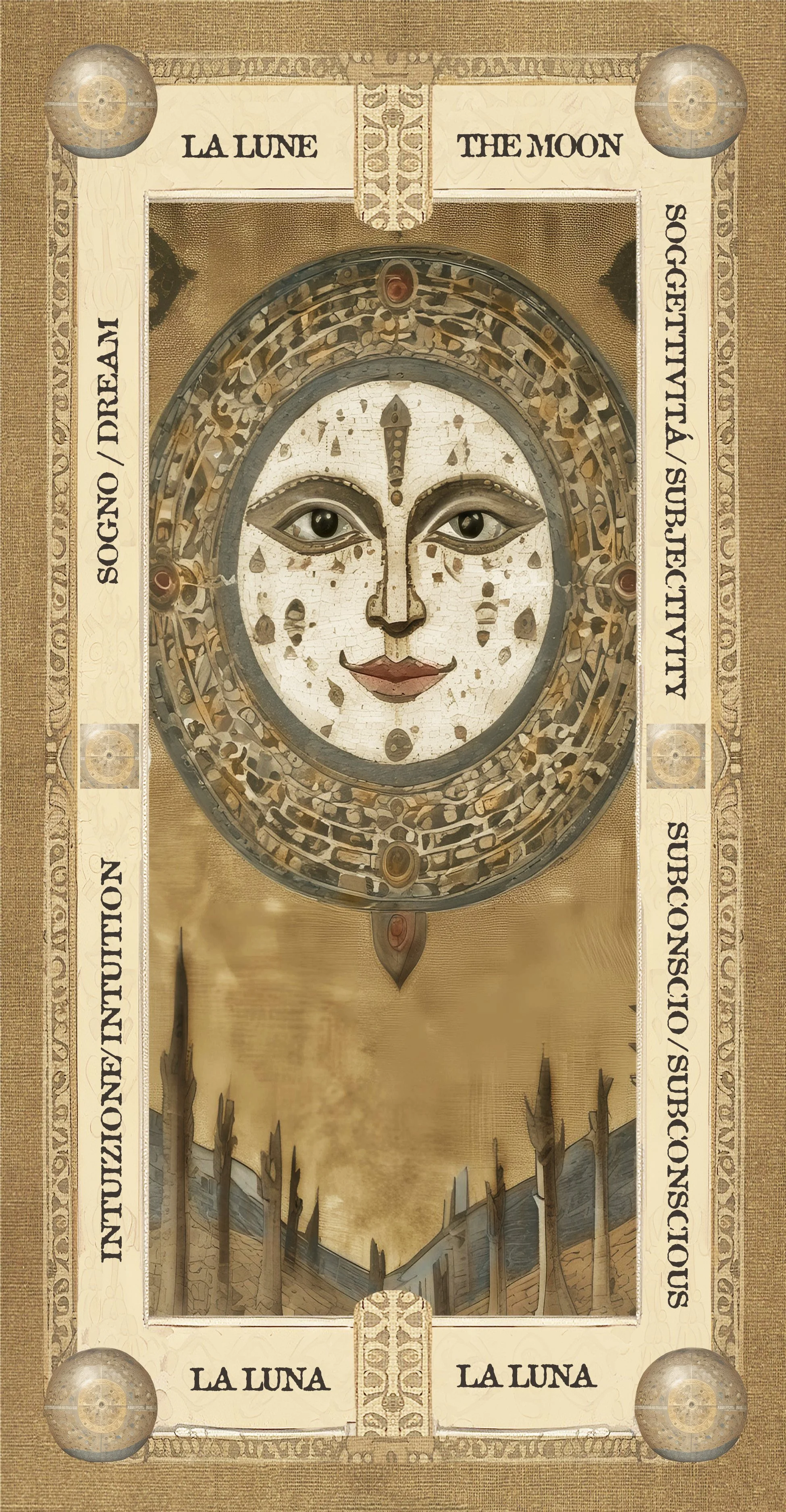 Un quadro con una faccia stilizzata della luna con occhi umani, un sorriso e decorazioni. Il quadro ha testi in italiano e inglese, come "La Luna" e "The Moon" e parole correlate come "Sogno" e "Dream" e un paesaggio con montagne e torri fuse in stile artistico.