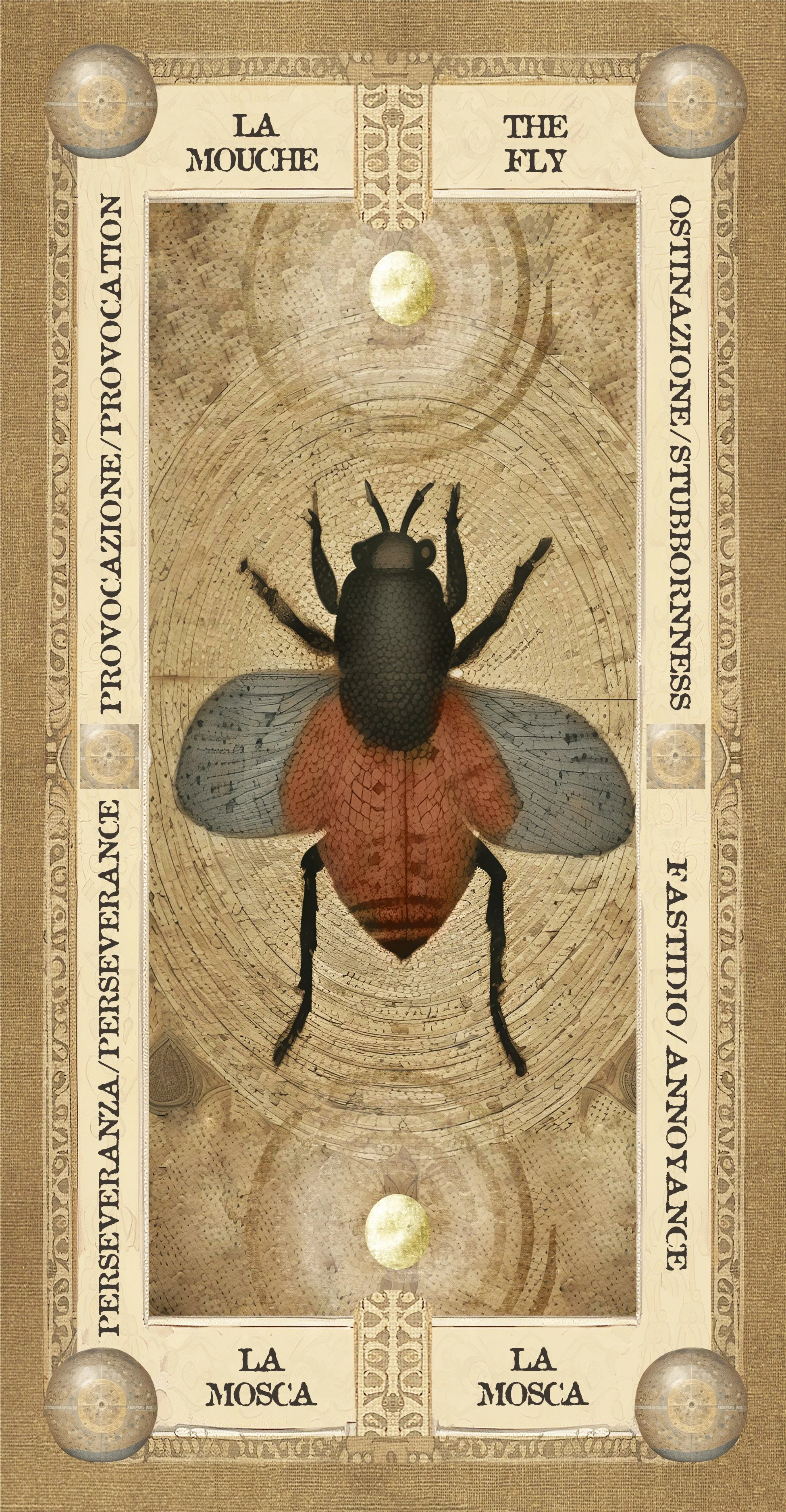 Immagine di un cartellone con un insetto al centro, con testo in italiano e inglese. Il testo include: La Mouche / The Fly, La Mosca, Perserverance / Perseverance, e altre scritte in francese.