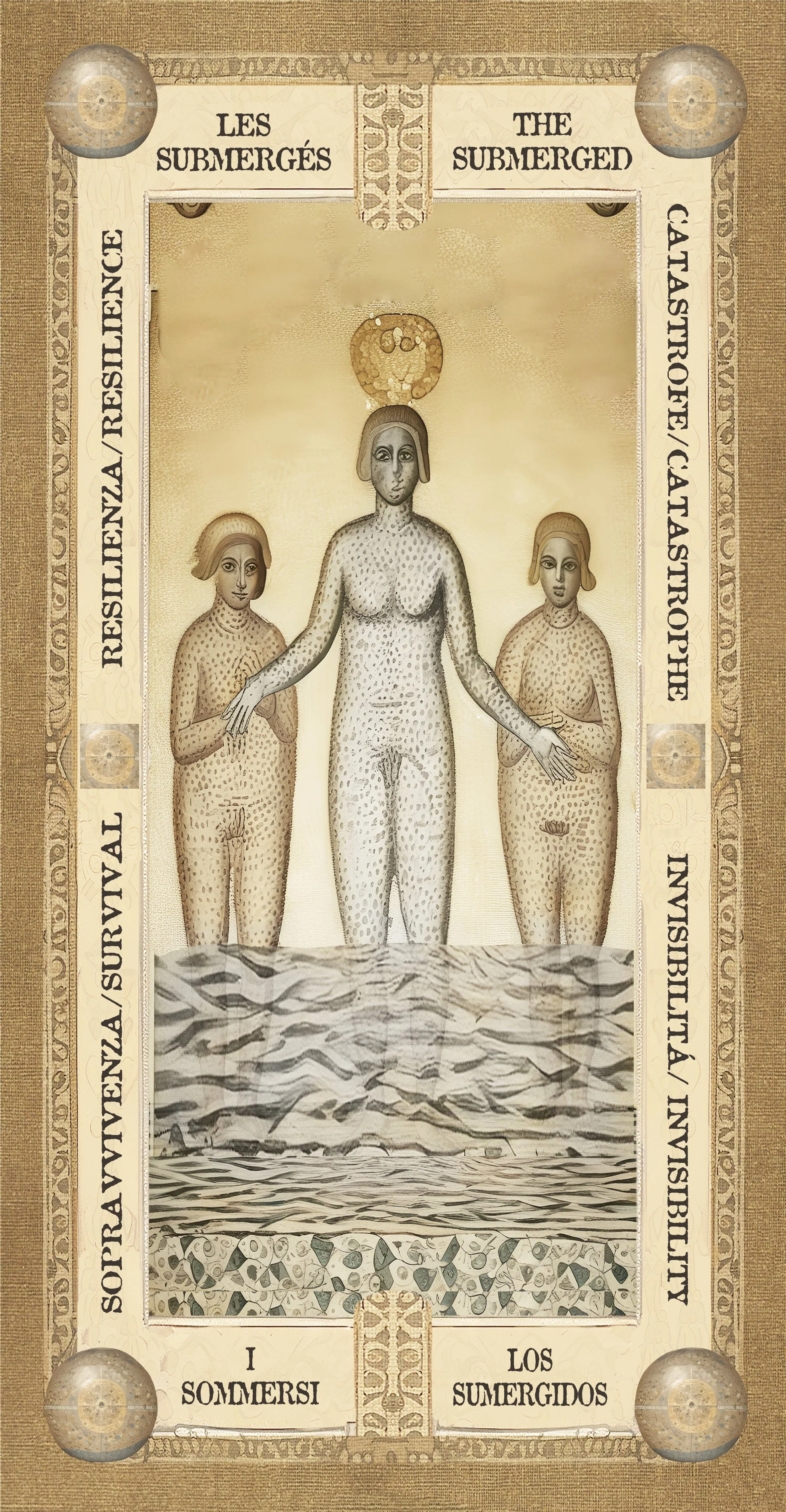 Immagine di un dipinto con tre figure umane in piedi sopra l'acqua, con sfondo dorato. La figura centrale è più grande, con pelle chiara e capelli castani, e ha un'aura sopra la testa. Le due figure ai lati sono più piccole, con pelle chiara e capelli castani. Il bordo del dipinto contiene scritte in italiano e inglese con riferimenti a