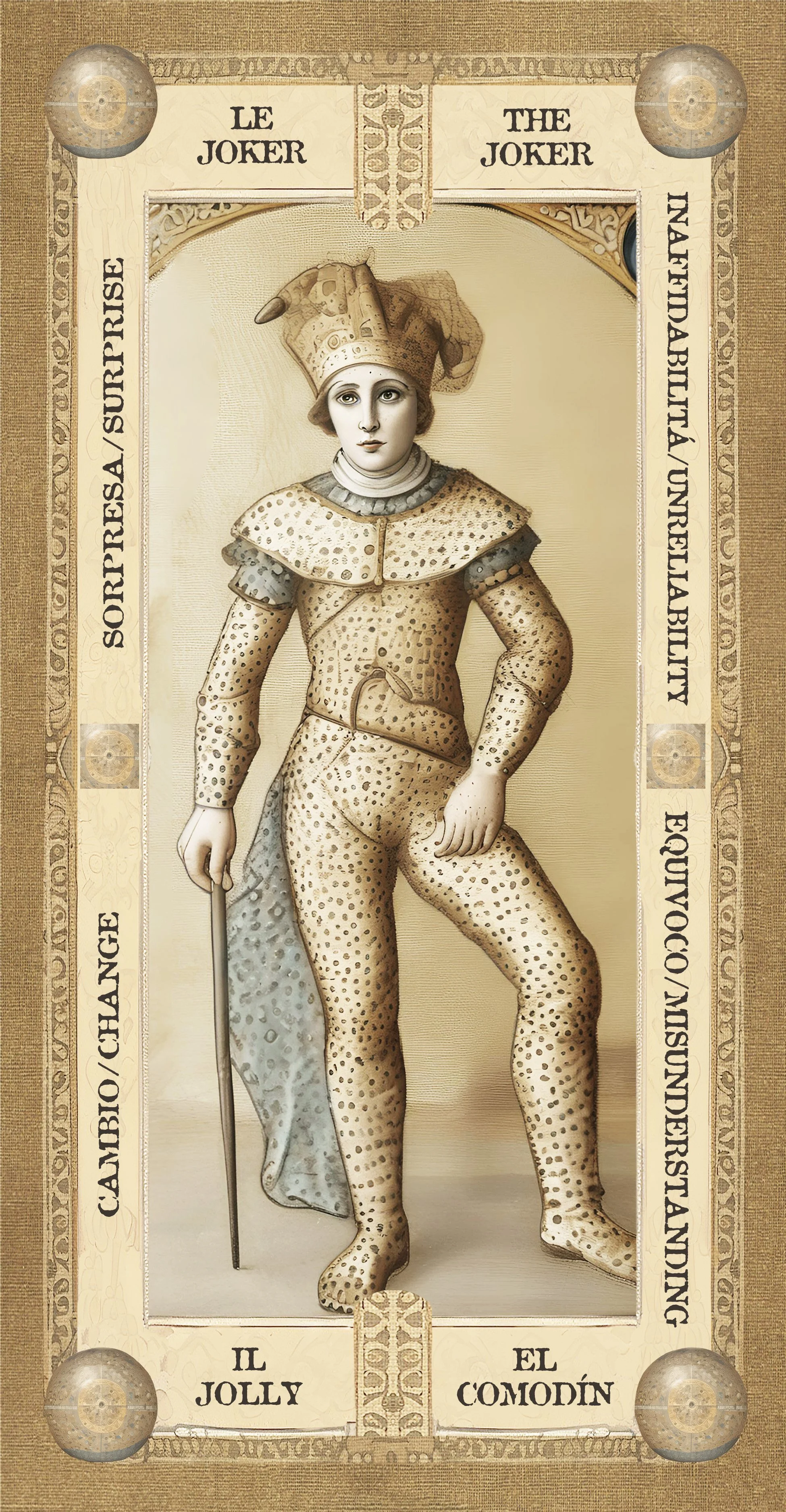 Un'illustrazione di un personaggio con abiti da giullare, con cappello elaborato, in uno stile vintage, circondato da decorazioni e testo in italiano e inglese.