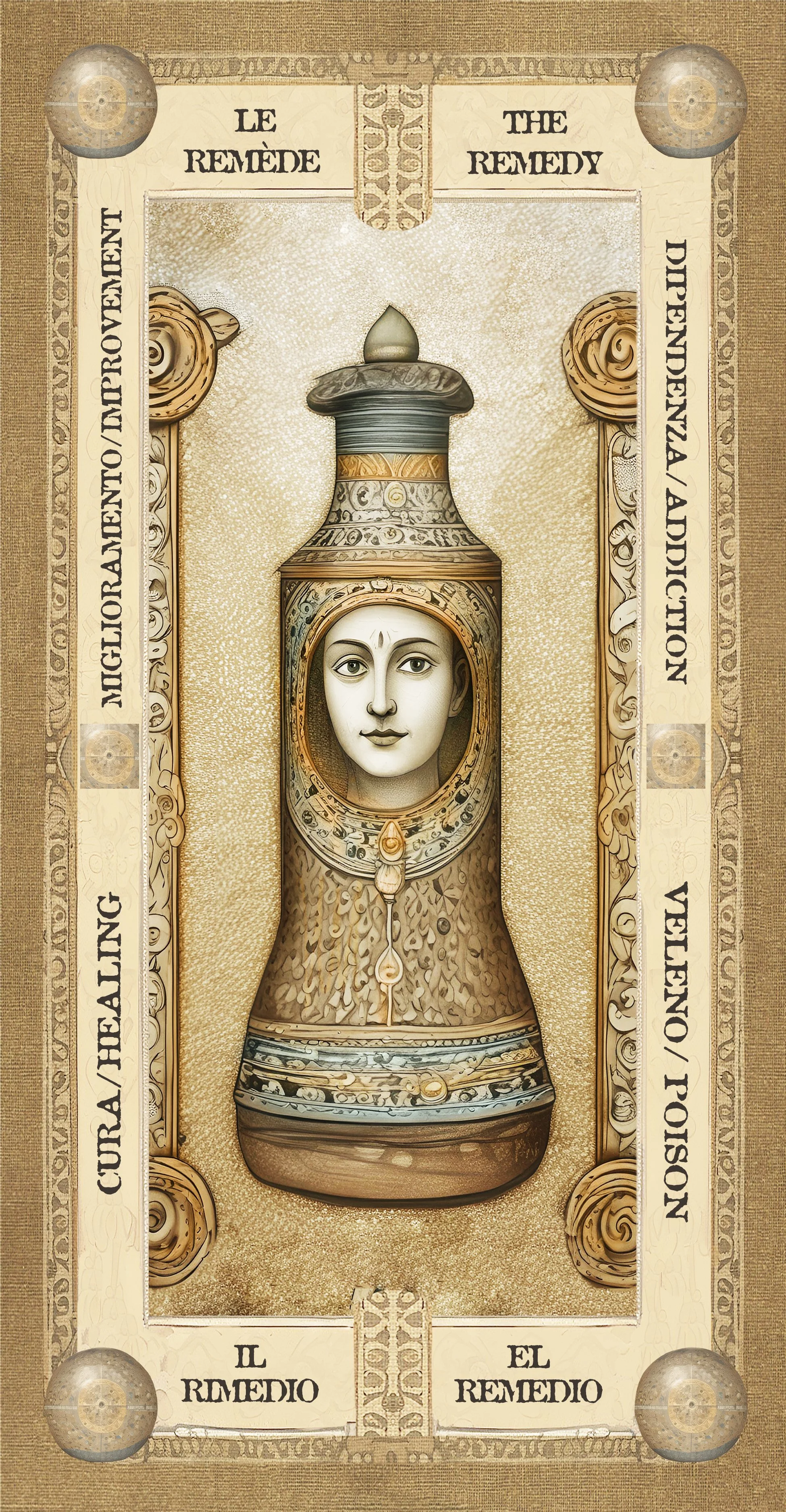 Immagine di una bottiglia decorata con il volto di una donna, con testo in inglese e italiano che parla di rimedi per il cuore e la salute.