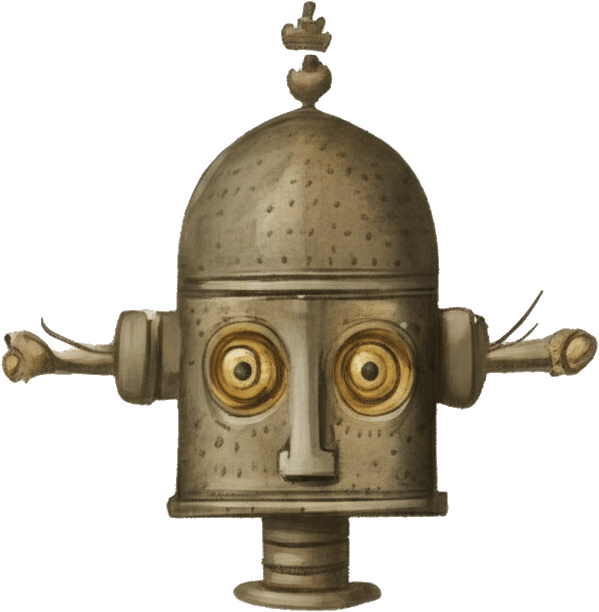 Maschera artistica ispirata a un robot con una testa a forma di cupola, orecchie a forma di cilindro e occhi a spirale, con un'espressione curiosa.