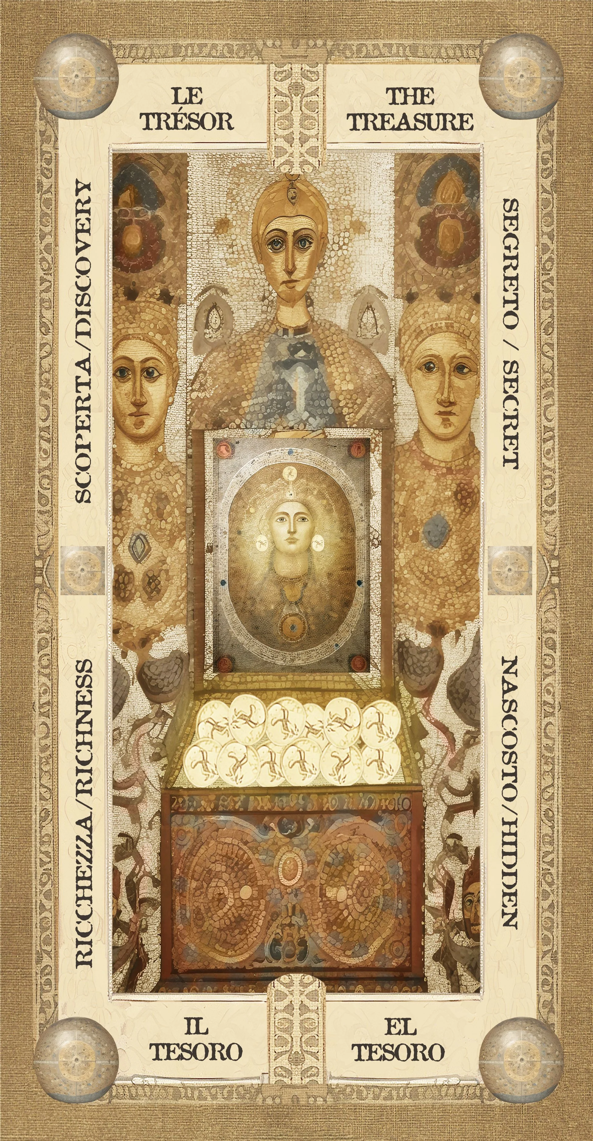 Illustrazione di un mosaico con figure umane e simboli, intorno a scritte in italiano e inglese riguardanti un tesoro e scoperte.