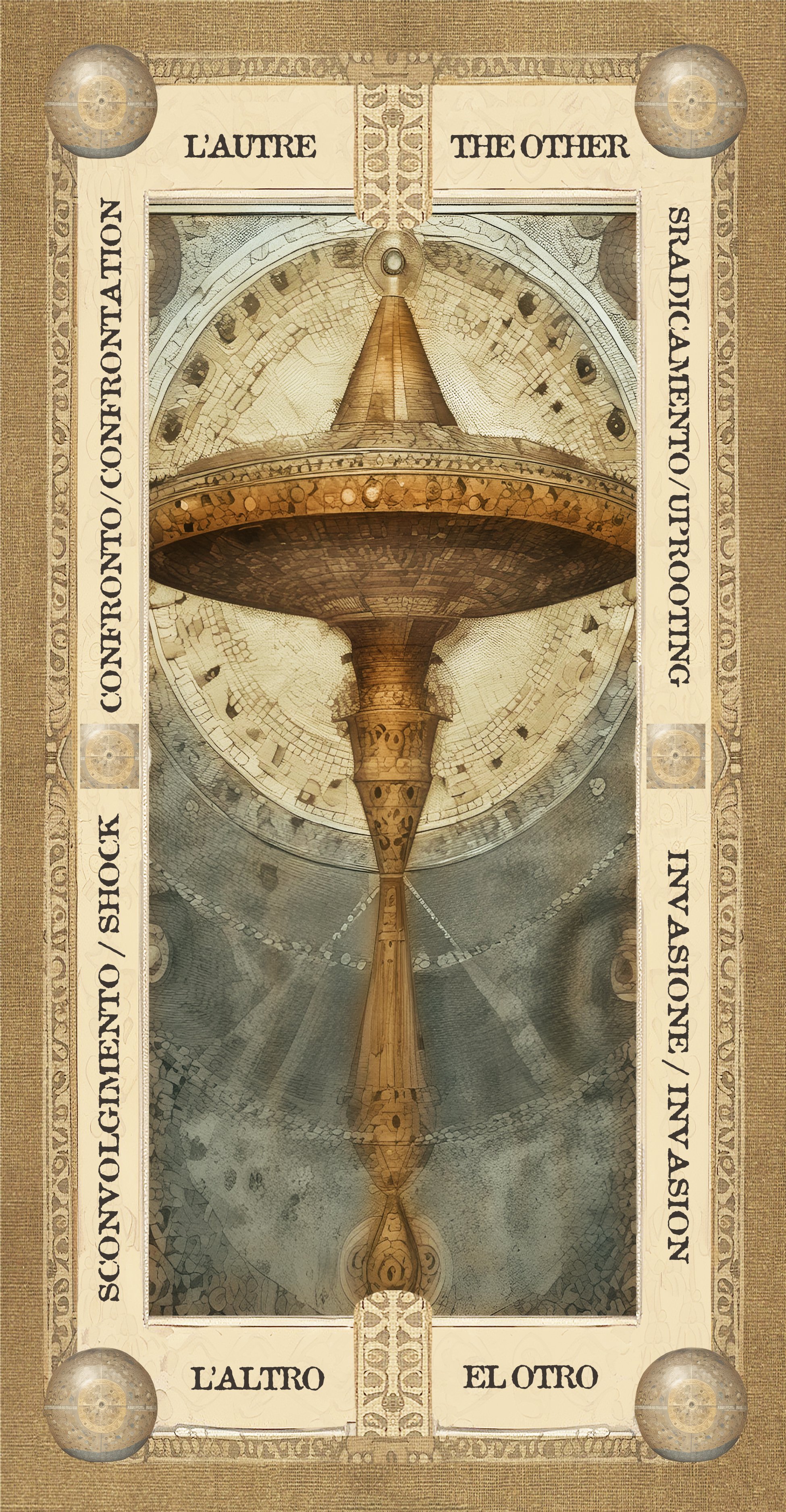 Carta di un gioco con simboli e testo in italiano e inglese, decorata con motivi antichi, e raffigurante un oggetto centrale simile a un giradischi o un altare.