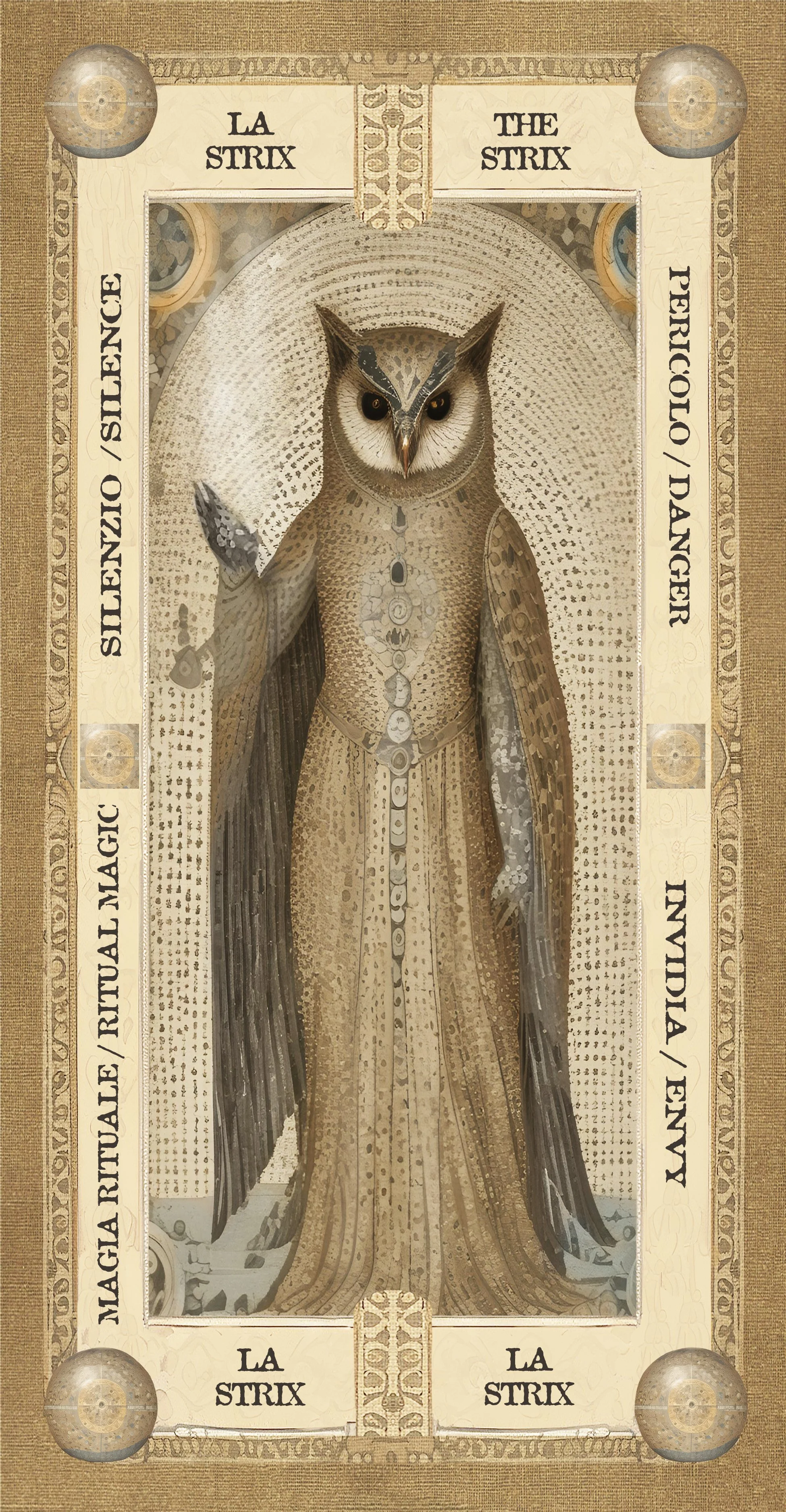 Un'immagine artistica di un gufo con dettagli simbolici e decorativi in stile mistico, circondato da un bordo decorato con scritte in inglese e italiano, come "The Strix" e "La Strix".