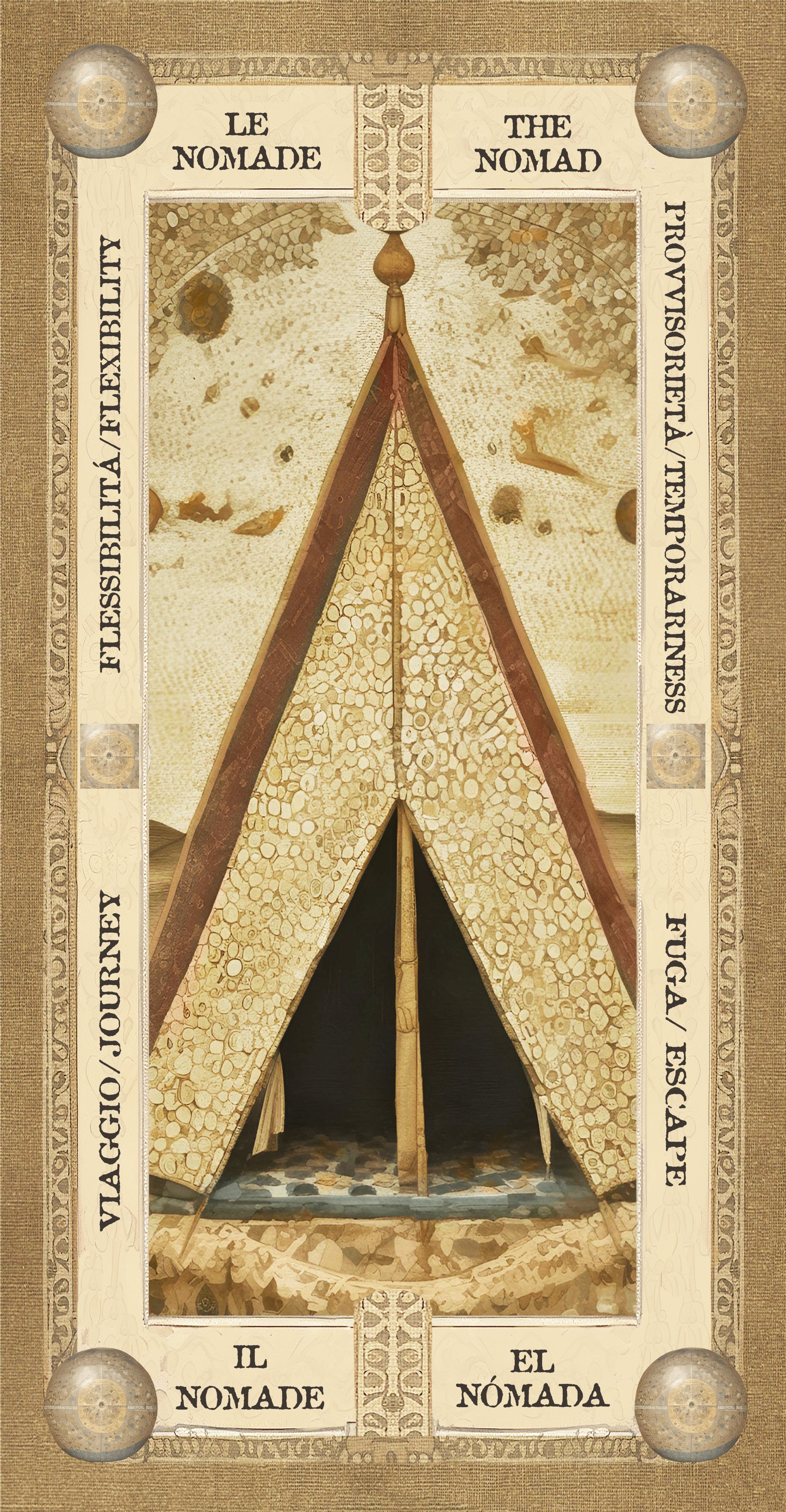 Una tenda da campeggio con un'apertura centrale, adornata con decorazioni in stile antico e sovrastata da un tetto triangolare. La scena è incorniciata da un bordo decorativo con elementi artistici e simboli in stile storico o mitologico.