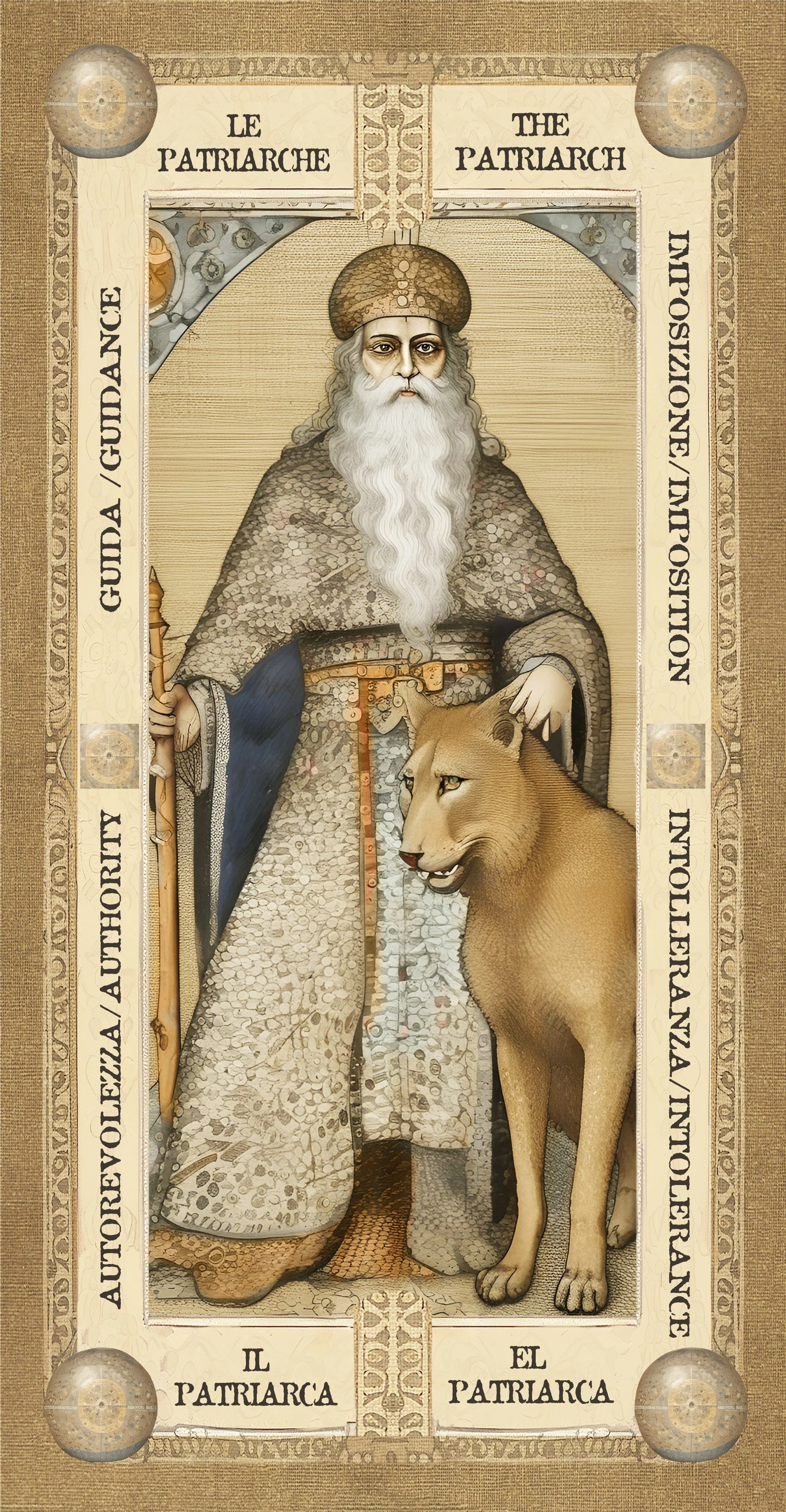 Icona in stile medievale di un uomo anziano con lunga barba bianca vestito con un mantello decorato, che tiene un bastone e ha un leone al suo fianco.