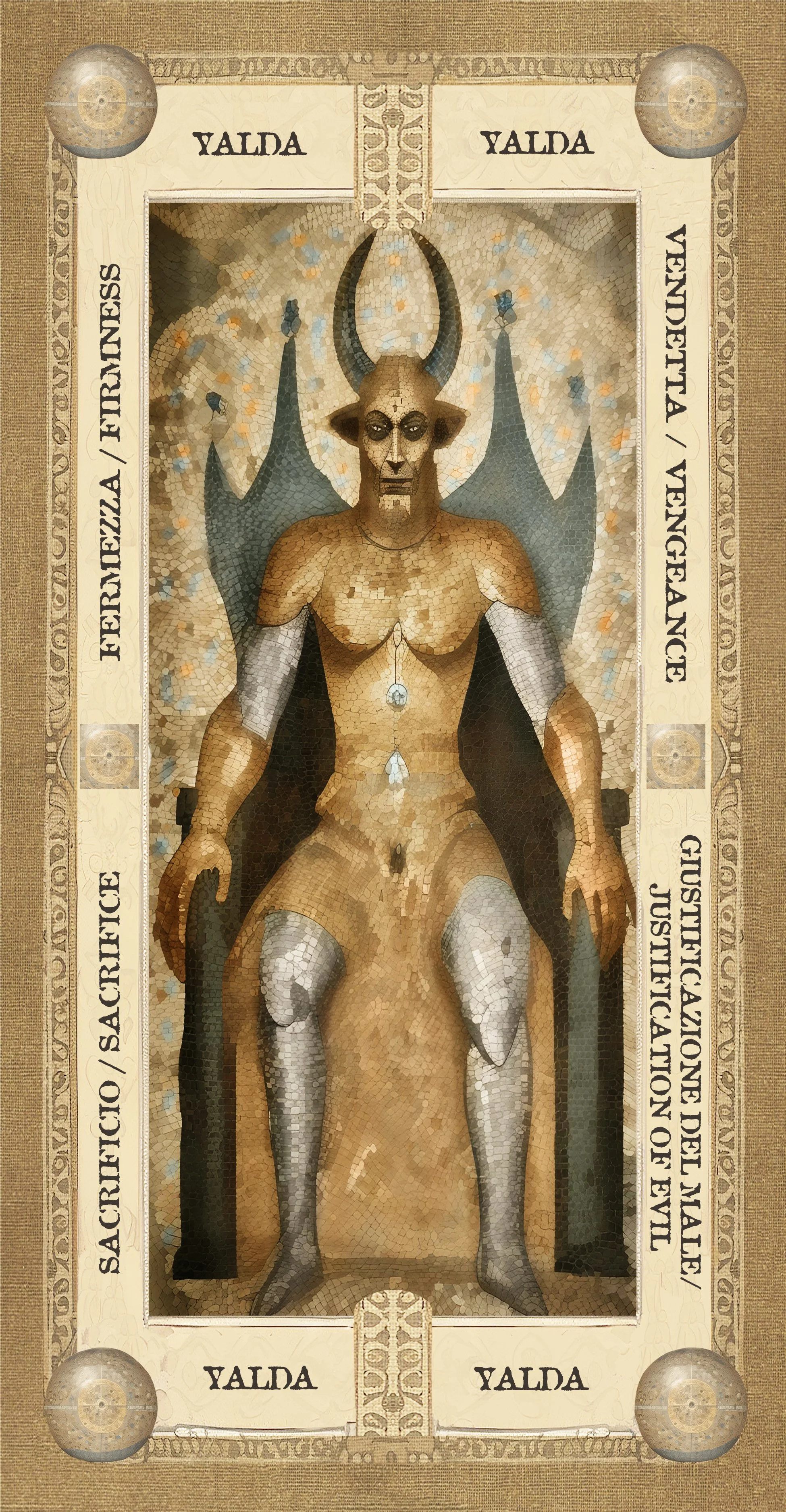 Una carta da gioco con un'immagine stilizzata di un demone o un diavolo con corna, ali nere e un aspetto inquietante, seduto con un'espressione severa. La carta ha bordi decorativi e scritte in italiano e inglese, tra cui "VALDA" e "FIRENSES".