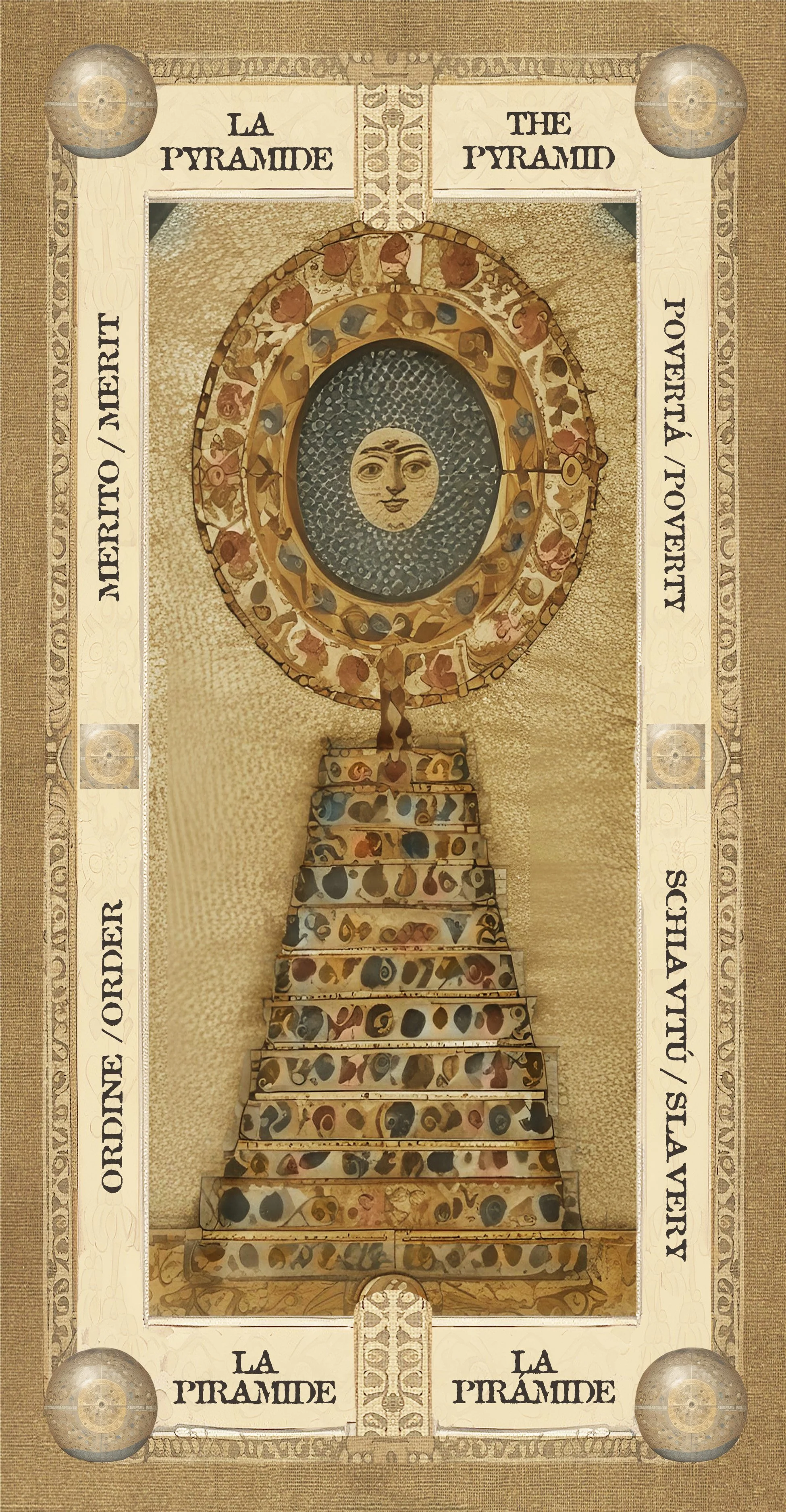 Diagramma con una piramide al centro composta da gradini, con un volto sorridente sullo sfondo e varie decorazioni. Intorno alla piramide ci sono parole in italiano e inglese: 'LA PIRAMIDE', 'THE PYRAMID', 'ORDINE / ORDER', 'MERO / MERIT', 'PRESENTA / PRESENT', lungo i lati, e 'PRESENTA / PRESENT' e 'SIA / OR in italiano e in inglese, rispettivamente, sui lati.