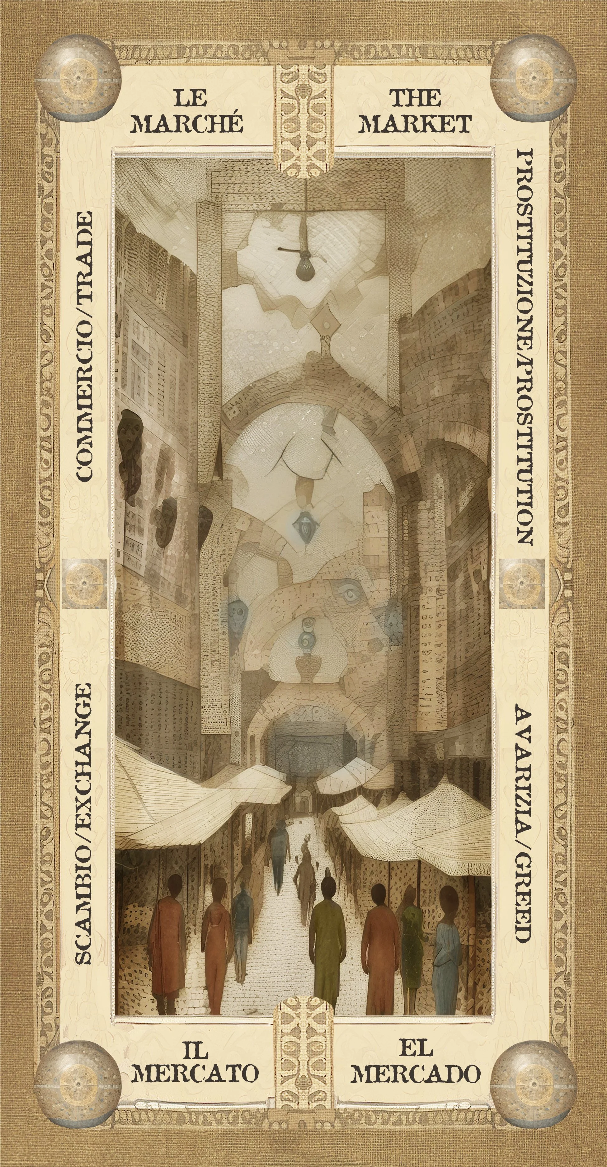 Una scena di un mercato storico con bancarelle, persone e un soffitto decorato con occhi e simboli astratti, in uno stile artistico vintage.