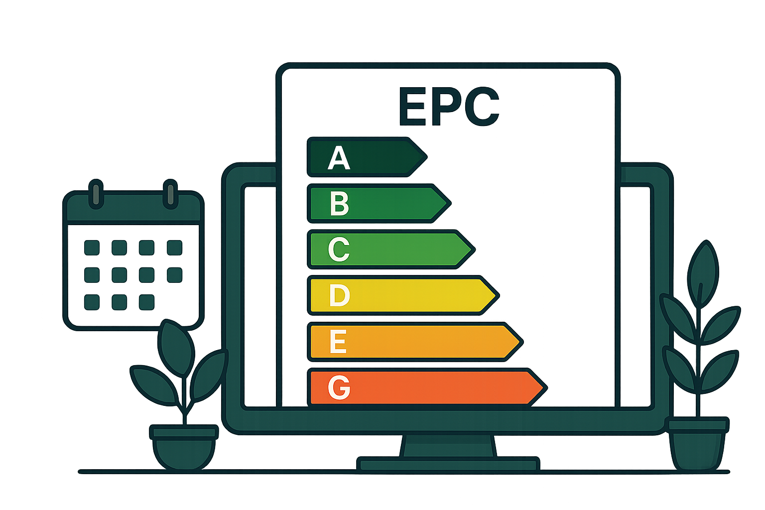 A digital illustration of an energy efficiency rating chart displayed on a laptop screen, with energy labels from A to G colored from green to red, alongside potted plants and a calendar.