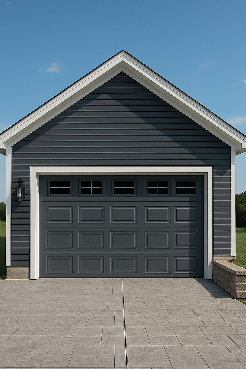 Front view of a modern garage with dark gray door and navy blue house exterior, with a concrete driveway and a clear blue sky.