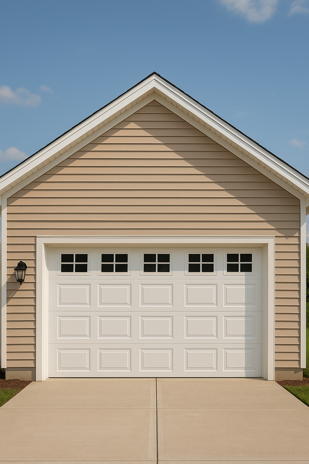 The image shows a beige garage with a white door and windows at the top, a black wall-mounted lantern on the left, a concrete driveway, and a clear blue sky with a few clouds.