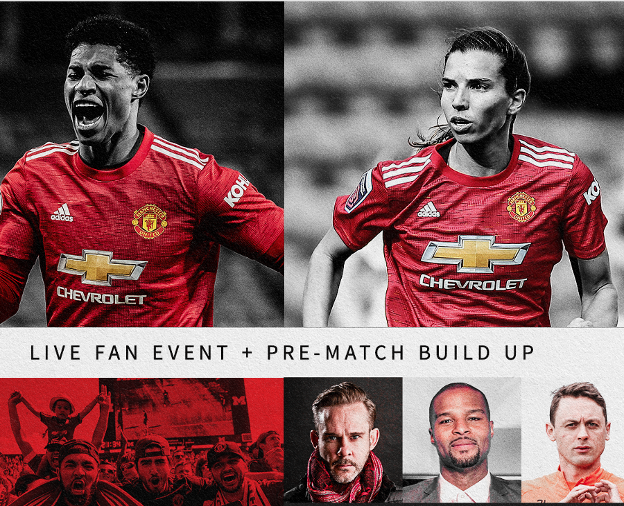 Image with football players and fans in grey, black,  white and red with text reading Live Fan Event - Pre Match Build Up