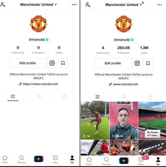 Tik Tok Account launch for Man Utd showing one screen at the moment of launch with 0 followers or likes, then another showing 1.3m likes within a few days