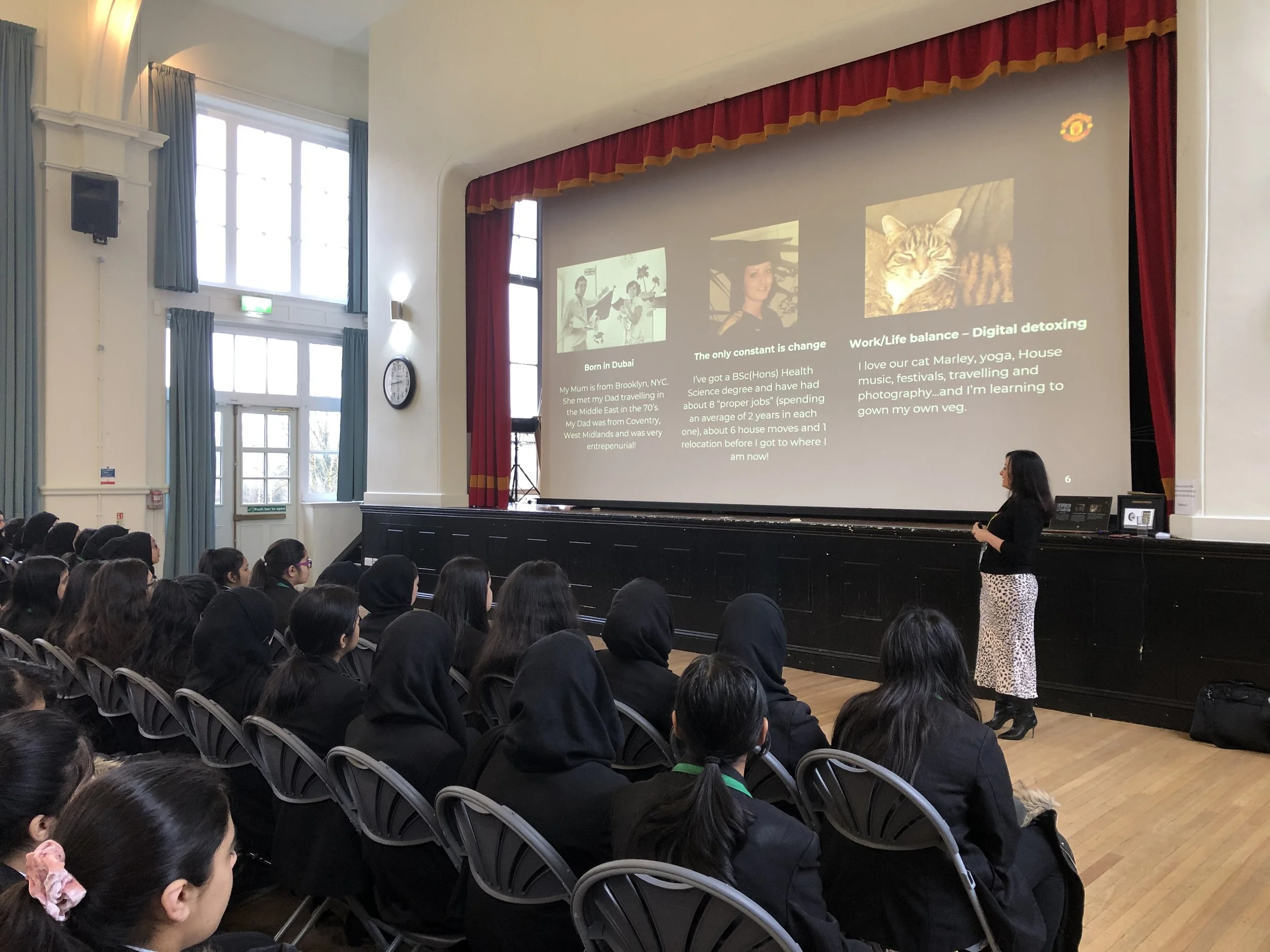 Presentation being given in an all girls school assembly on Careers in Sport and Technology