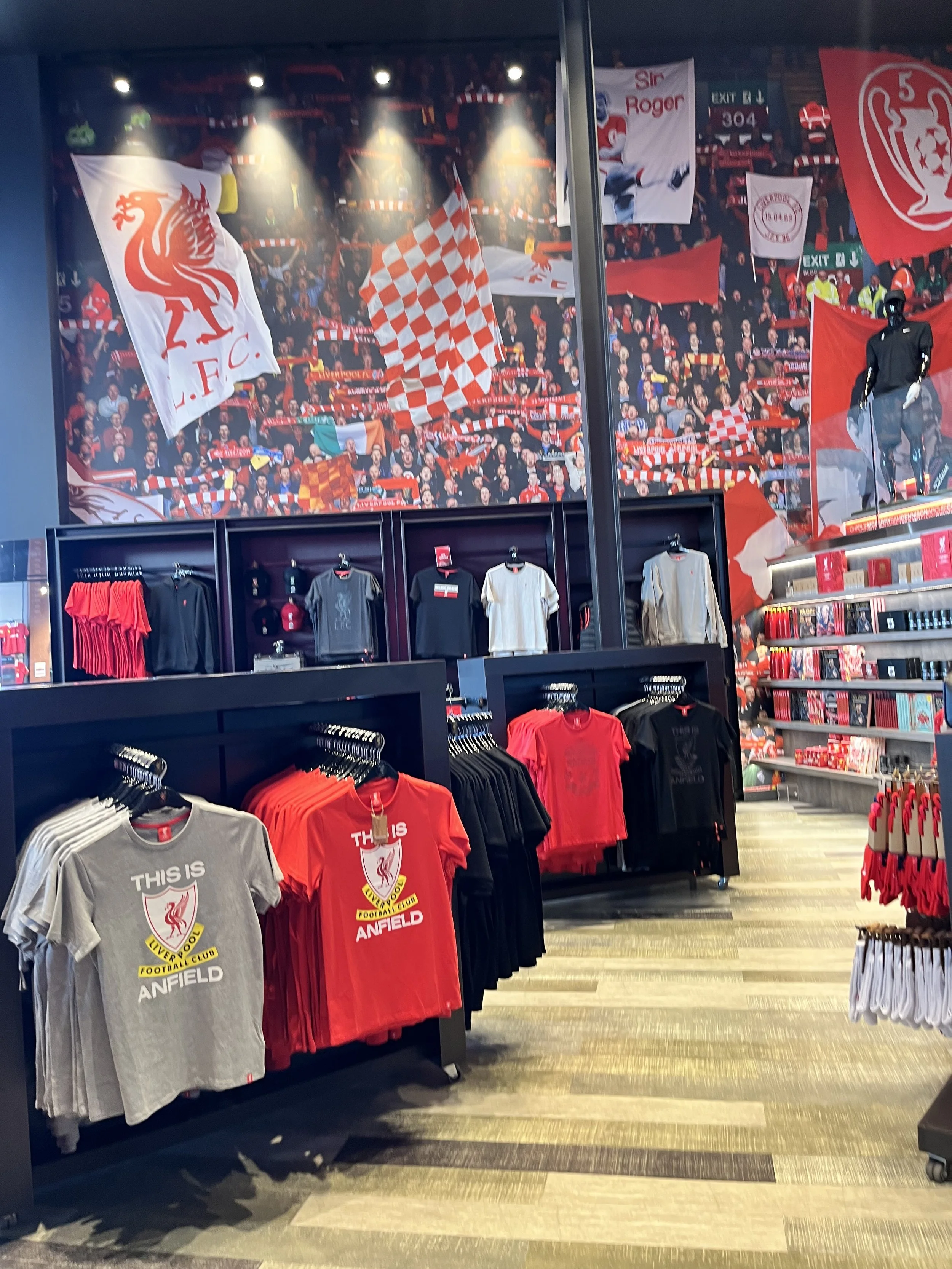 Retail Megastore at LFC showing an array of shirts and merchandise