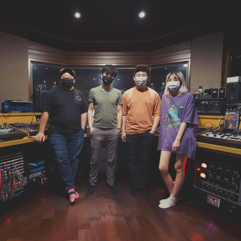 Taiwanese Indie pop singer Mandark, drummer Fish Huang and producer-composer Julian Moreen in the studio for "I Miss You When I'm Drunk"